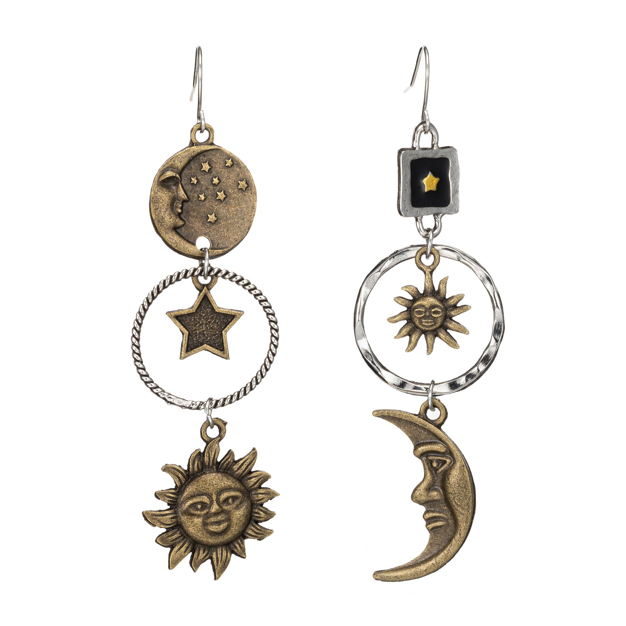 Opal Sun Moon Star Dangle Drop Earrings - Bohemian Retro Asymmetric Earrings with Greek Mythology Face Design for Women | Perfect for Festival, Boho Chic Outfits & Gift Giving