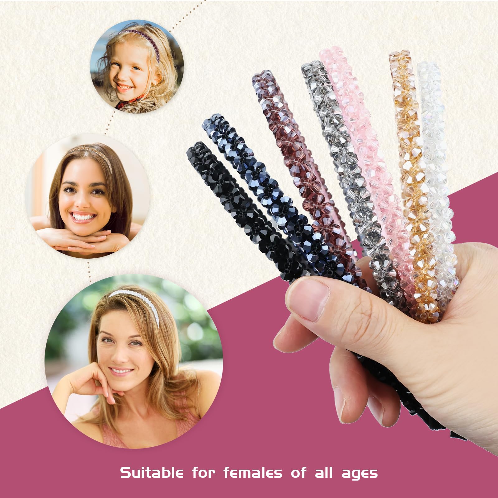 7-Piece Glitter Double Row Crystal Headbands Set - Sparkling Hair Hoops for Women & Girls - Perfect for Parties, Weddings, and Special Occasions