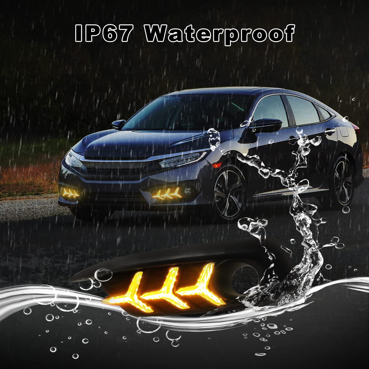 2016-2018 Honda Civic 10th Gen Sedan LED Daytime Running Lights with Amber Turn Signal - 3 Color DRL Fog Lights (Fish Bone Style) | Upgrade Your Ride for Enhanced Visibility & Style | Perfect for Night Driving & Custom Car Mods