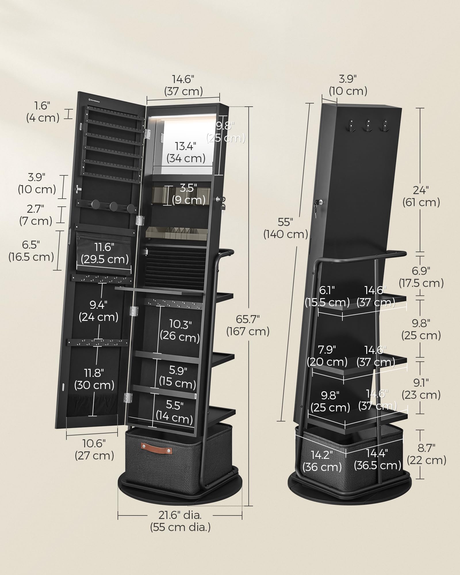 360° Swivel Jewelry Cabinet with LED Lights - Full Length Mirror & Jewelry Storage Organizer, Standing Armoire with Makeup Shelf & Large Storage Basket, Ink Black UJJC018B01 - Perfect for Bedroom, Dressing Room & Closet Organization