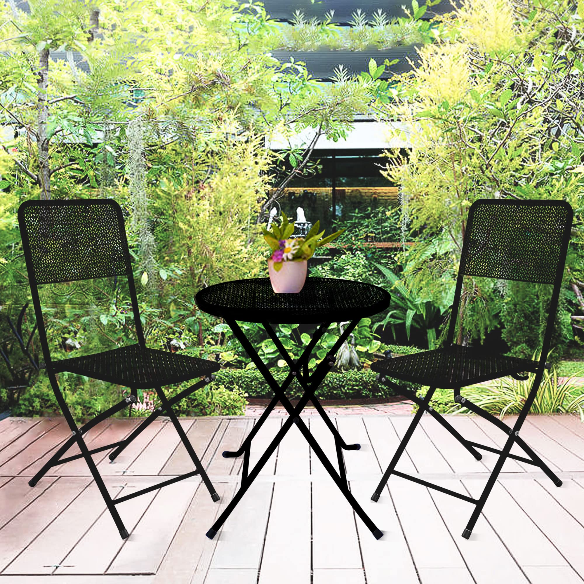MEMAEMO 3-Piece Black Metal Folding Patio Bistro Set - Stainless Steel Outdoor Furniture with Round Table & Chairs for Garden, Balcony, Backyard, Deck or Poolside - Perfect for Relaxing, Dining & Entertaining Outdoors