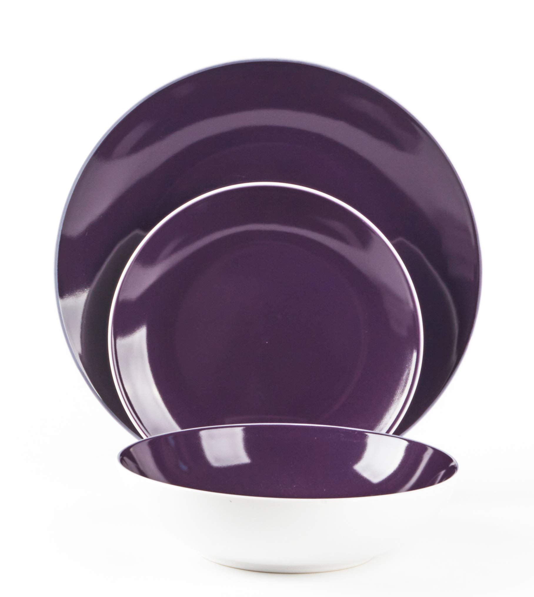 18-Piece Stoneware Coupe Dinnerware Set - White Exterior & Violet Interior - Elegant Tableware for Everyday Dining, Dinner Parties & Special Occasions