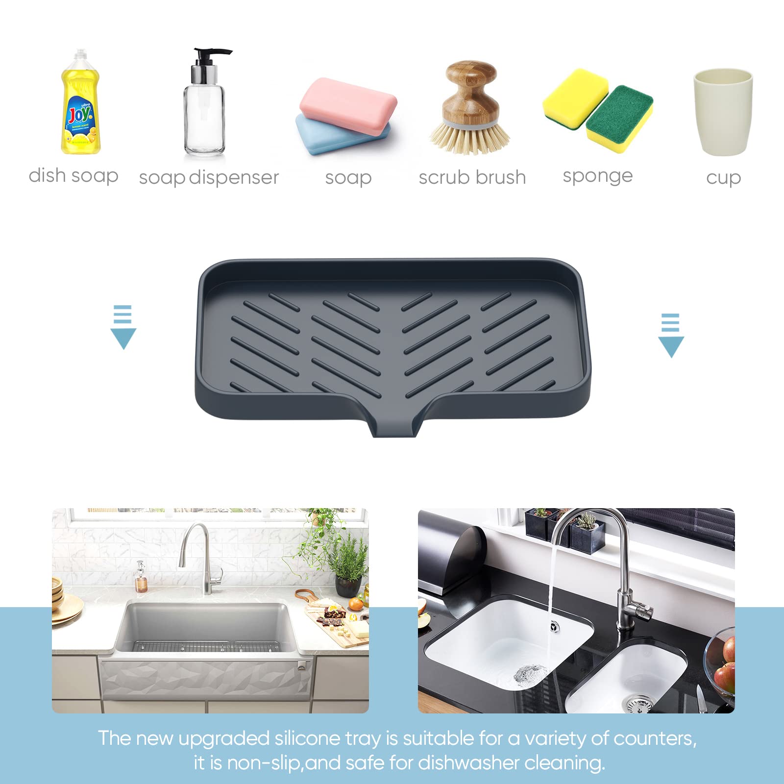 Premium Silicone Soap Tray with Self-Draining Design - Kitchen Sink Sponge Holder & Bathroom Soap Organizer - Perfect for Dish Soap Bottles, Sponges and Dispensers - Ideal for Kitchen Counter, Sink Edge and Bathroom Organization