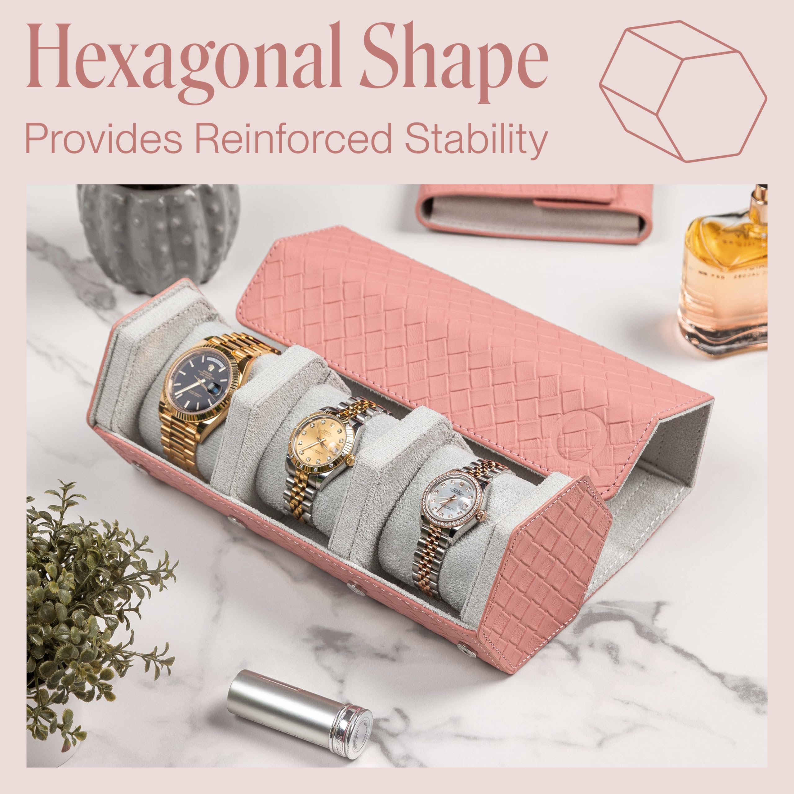 Women's Genuine Leather Hexagon Triple Watch Roll Travel Case - Storage Organizer for 3 Watches with Velvet Interior (Woven Pink/Gray) - Perfect for Travel, Display & Watch Collection Organization