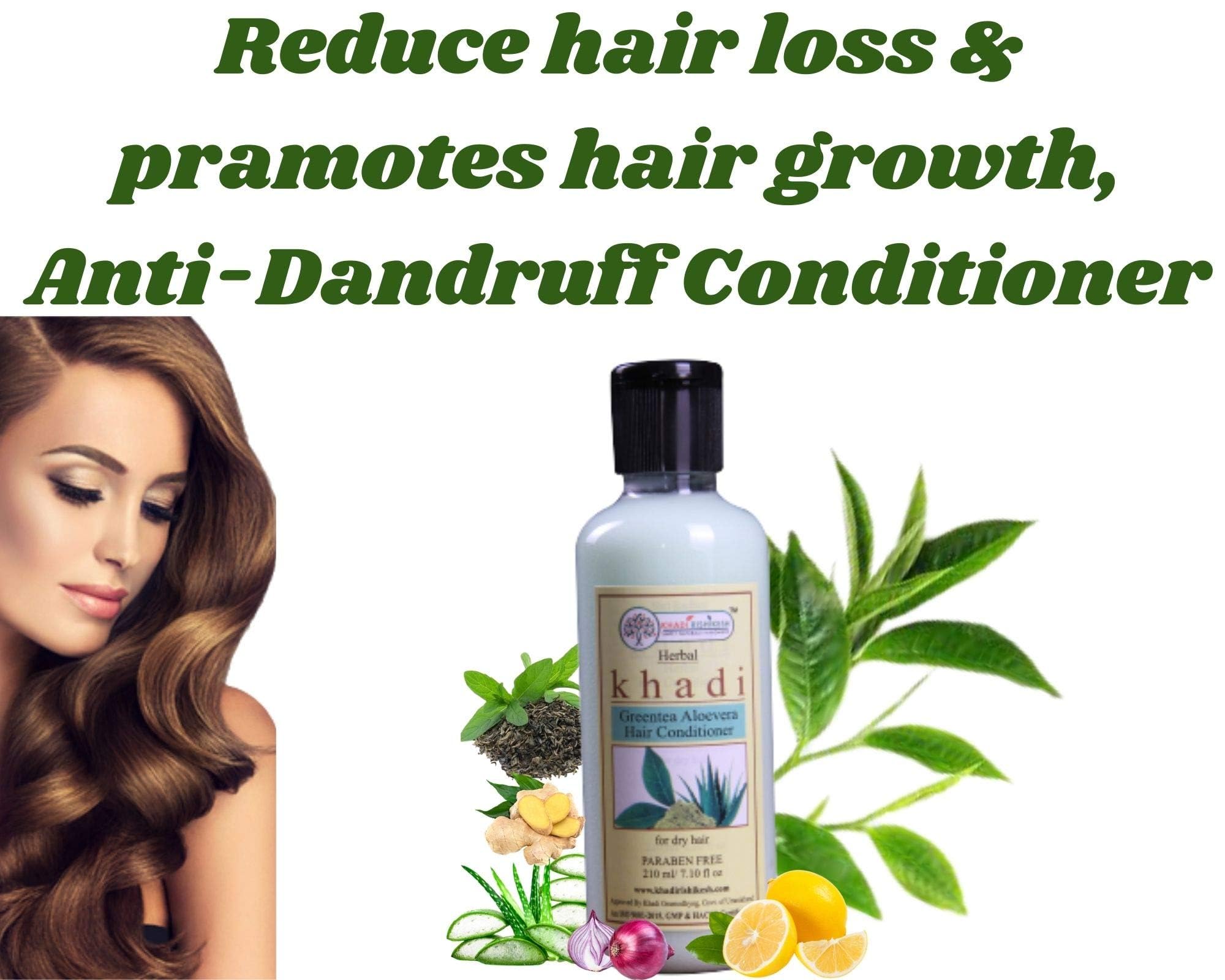 KHADI RISHIKESH Herbal Green Tea & Aloe Vera Hair Conditioner - Promotes Hair Growth, Controls Hair Fall, Reduces Frizz & Repairs Damaged Hair - Paraben Free - 210ml - For Silky Shiny Hair (Women & Men) - Perfect for Daily Hair Care & Scalp Nourishment