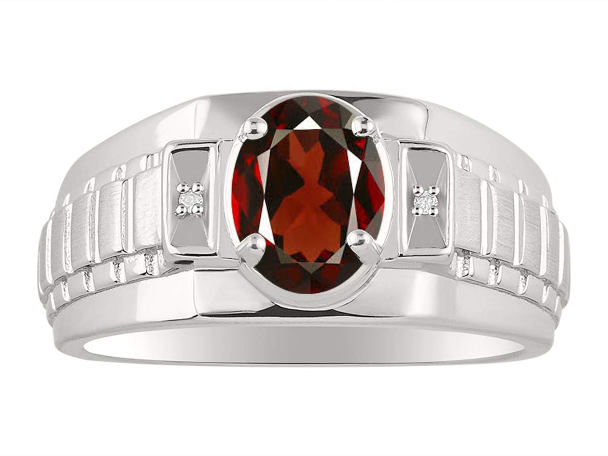 14K White Gold Men's Rings with Oval Gemstone & Genuine Diamond - Classic Designer Style 8x6mm Birthstone Rings for Men (Sizes 8-13) | Perfect for Weddings, Anniversaries & Special Occasions