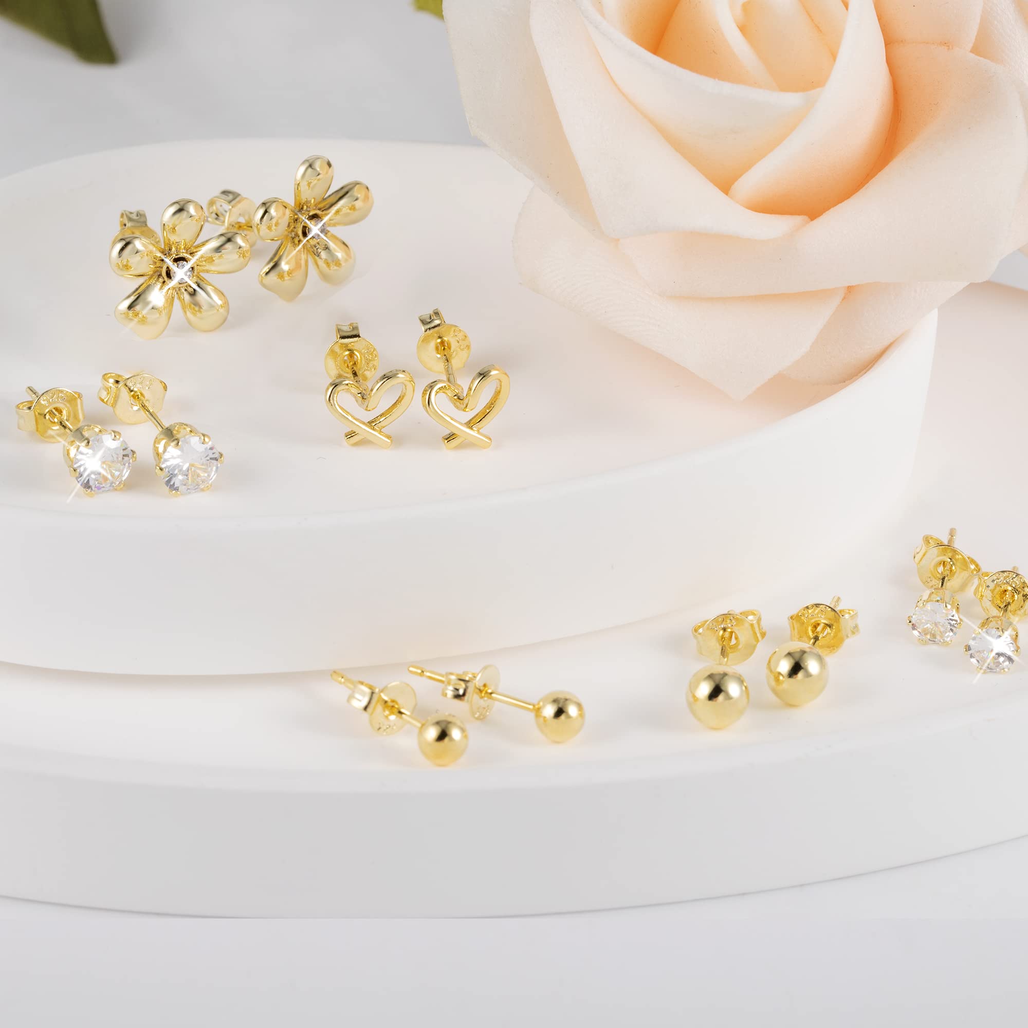 14K Gold Plated Hypoallergenic Earring Set for Women - 6 Pairs CZ Ball Studs & Small Hoops | Multiple Piercing Jewelry for Everyday Wear, Parties & Gifts