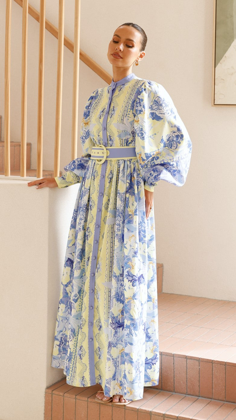 Kalliope Maxi Dress for Women - Flowy Blue & Yellow Floral Summer Dress - Perfect for Beach Vacations, Parties & Casual Outings