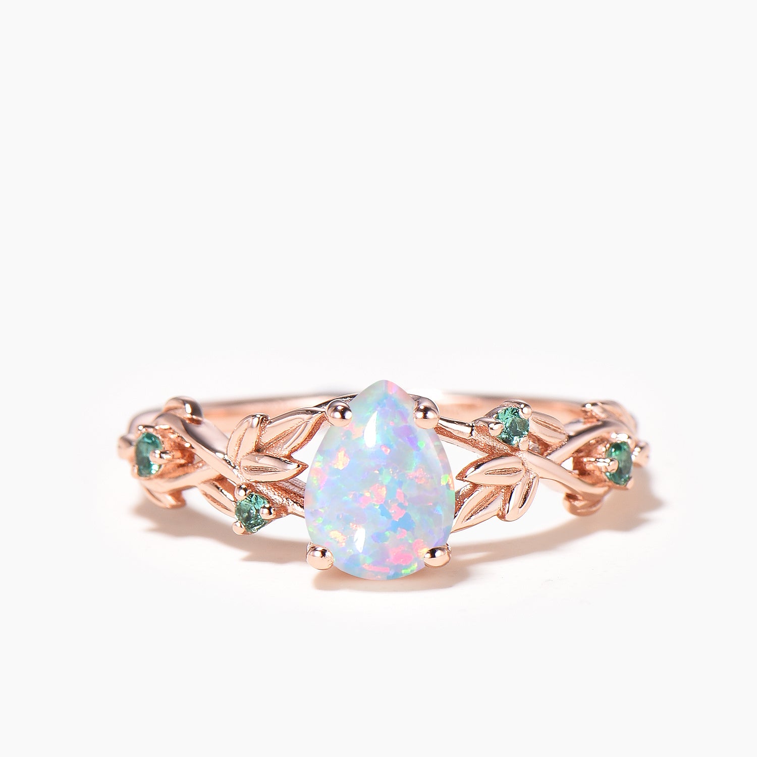 Pear Cut White Opal Engagement Ring - 14K Gold Leaf Twig Wedding Band for Women, Vintage Fire Opal & Emerald Bridal Jewelry - Perfect for Proposals, Anniversaries & Romantic Occasions