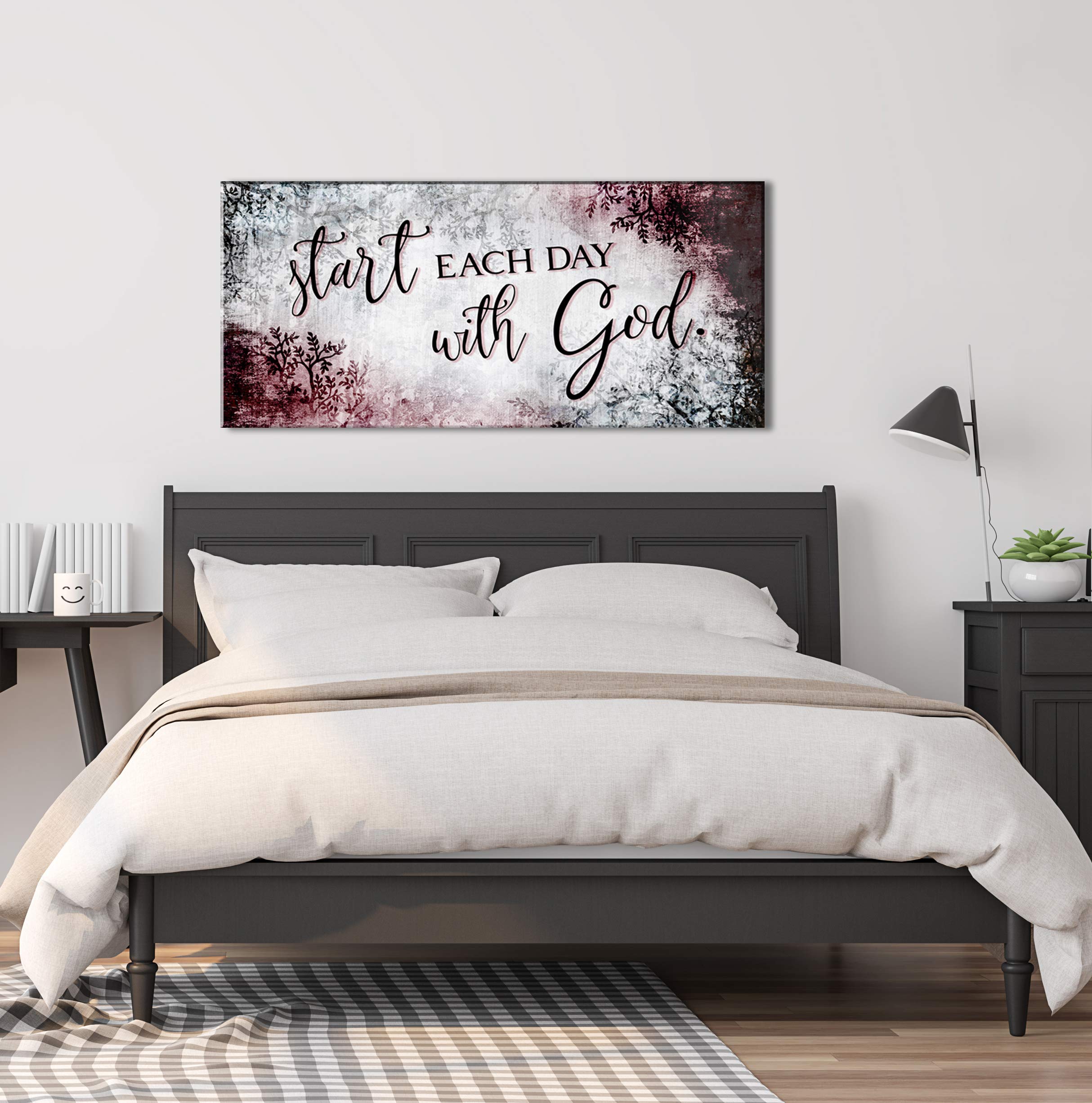 Inspirational Religious Wall Art Decor - Start Each Day With God Positive Quotes Spiritual Room Decor for Bedroom (Wine Red, 42x19) - Perfect for Home, Office & Prayer Space