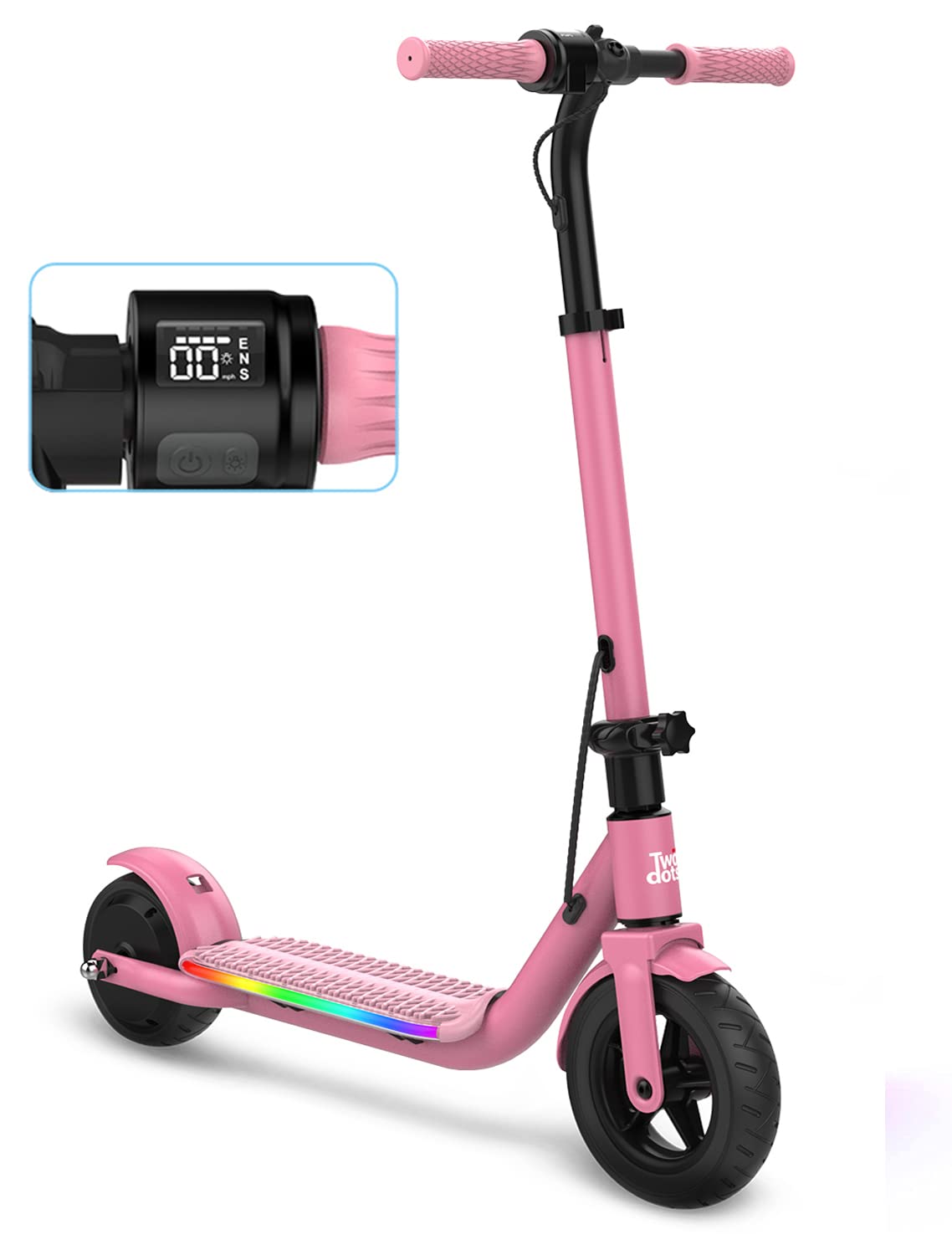 TWO DOTS Electric Scooter for Kids Ages 8-12 - LED Display with Colorful Lights, 3 Speed Modes Up to 10mph, Adjustable Height & Foldable Lightweight Design - Perfect for Commuting to School, Neighborhood Rides & Outdoor Adventures