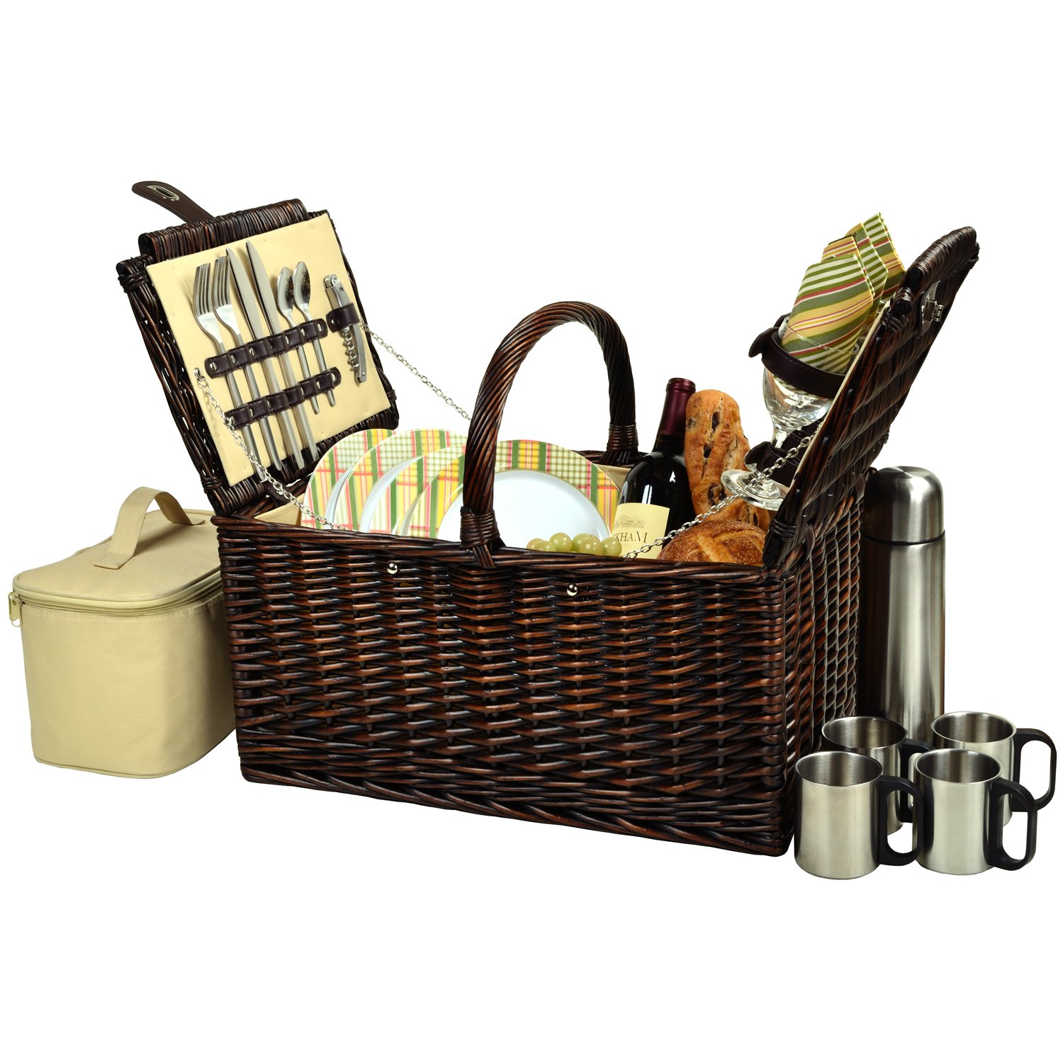 Buckingham Basket for 4 with Coffee Set - Yellow Outdoor Picnic Basket with Cups & Saucers - Perfect for Garden Parties, Beach Outings & Camping Trips