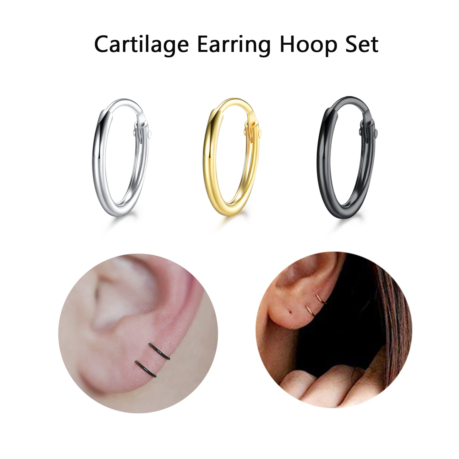 EPIRORA 925 Sterling Silver Hoop Earrings Set - 3 Pairs Small Cartilage Hoops for Women & Men, Hypoallergenic Tragus, Nose & Lip Rings | Perfect for Everyday Wear, Gifts & Body Piercing Jewelry
