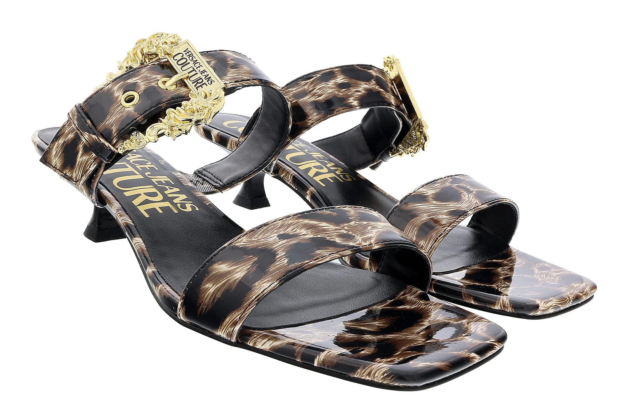 Versace Jeans Couture Women's Beige & Black Baroque Print Kitten Heel Mule Sandals - Perfect for Date Nights & Summer Parties