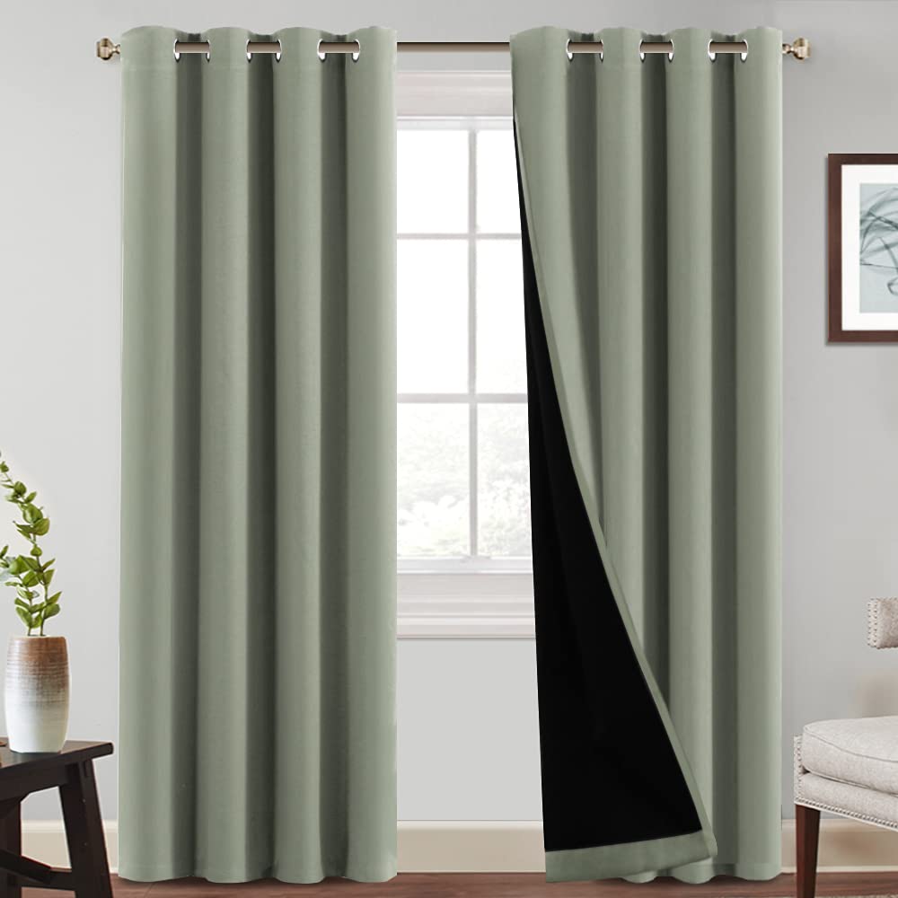 PrinceDeco 100% Blackout Thermal Insulated Window Curtains - 108 Inch Length, 52 Inch Width (1 Pair, Desert Sage) | Perfect for Bedrooms, Home Theater & Light-Sensitive Sleepers | Noise Reducing & Energy Efficient Window Treatment