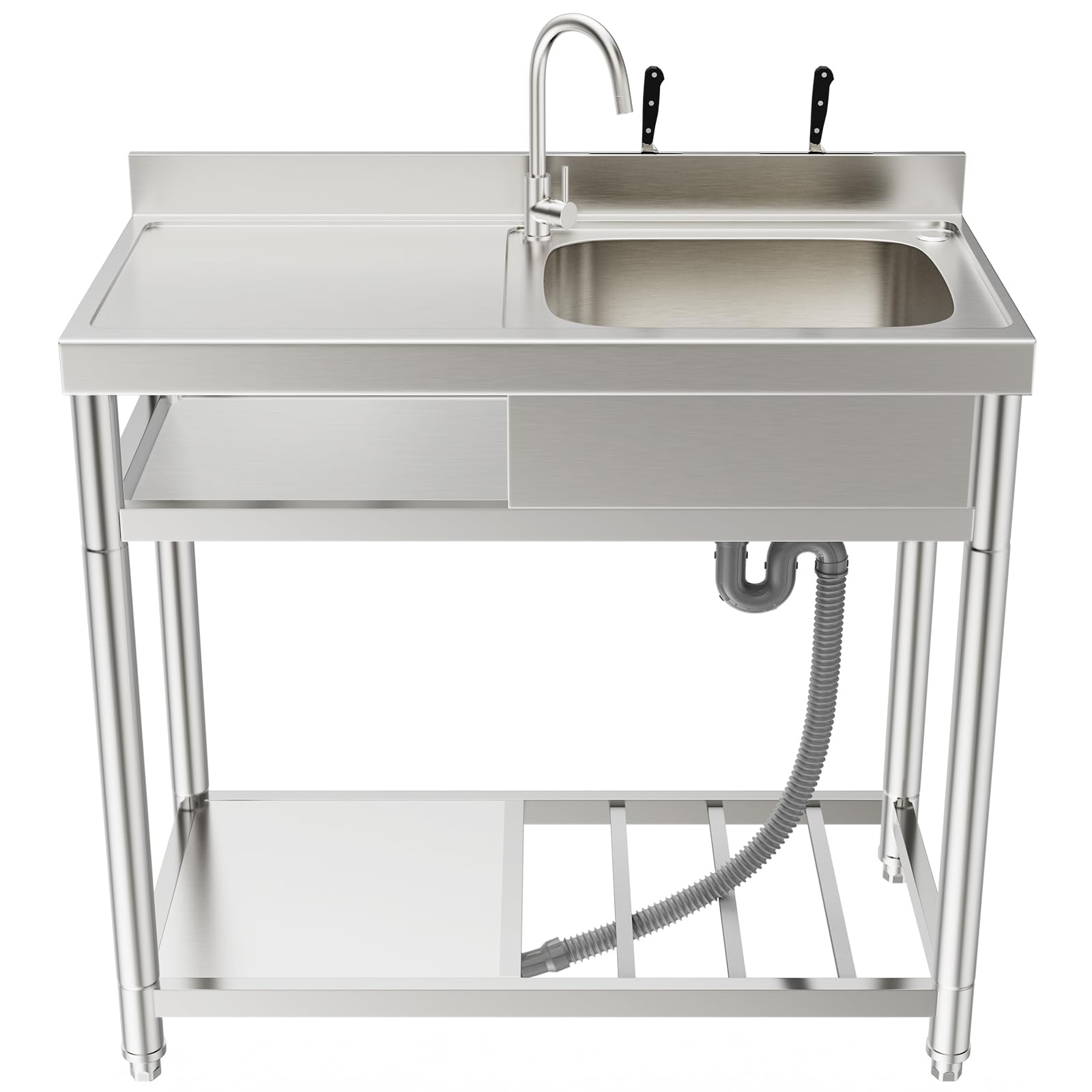 Commercial Stainless Steel Utility Sink with Workbench & Storage - Heavy Duty Single Bowl Restaurant Kitchen Sink for Indoor/Outdoor Use - Includes Hot & Cold Water Pipes - Ideal for Restaurants, Food Trucks, Laundry Rooms & Outdoor Cooking Stations