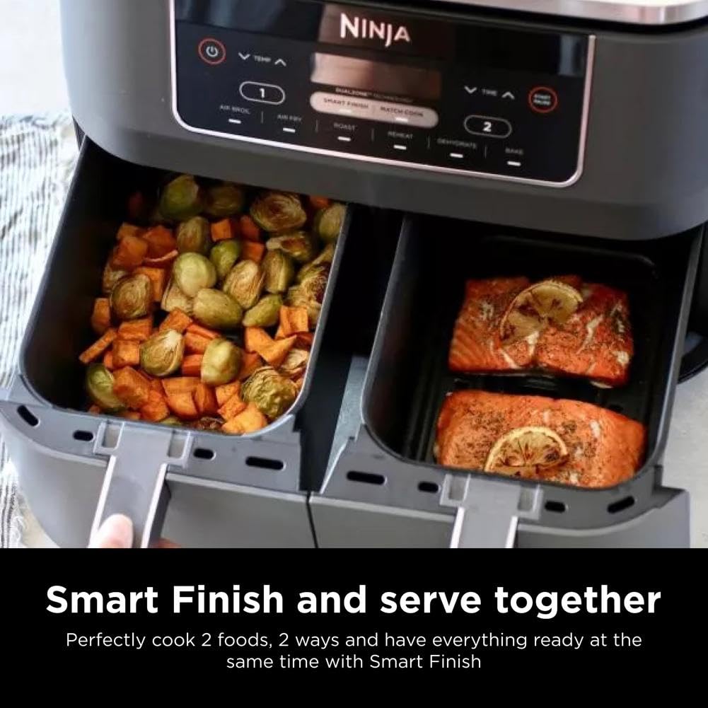 Ninja DZ201 Foodi 8 Quart 6-in-1 DualZone Air Fryer with 2 Independent Baskets - Smart Finish, Match Cook, Roast, Broil & Dehydrate - Perfect for Family Dinners, Meal Prep & Healthy Cooking - Grey