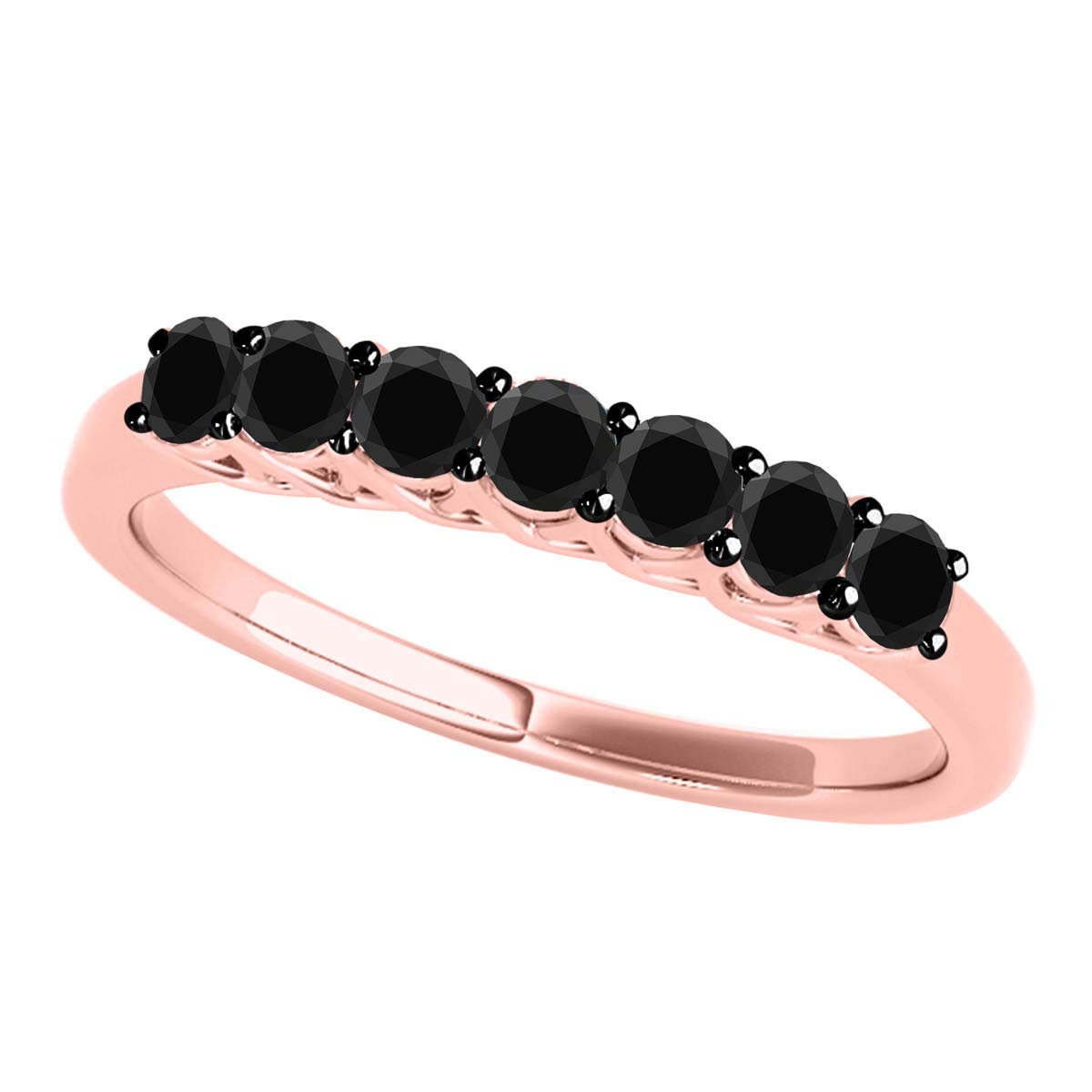 0.55 Carat Black Diamond 10K Rose Gold Wedding Band - Seven Stone Prong Set Engagement Ring for Women, Perfect Valentine's Day Gift for Her, Anniversary or Proposal Jewelry (Ideal for Bridal, Romantic Occasions & Special Celebrations)