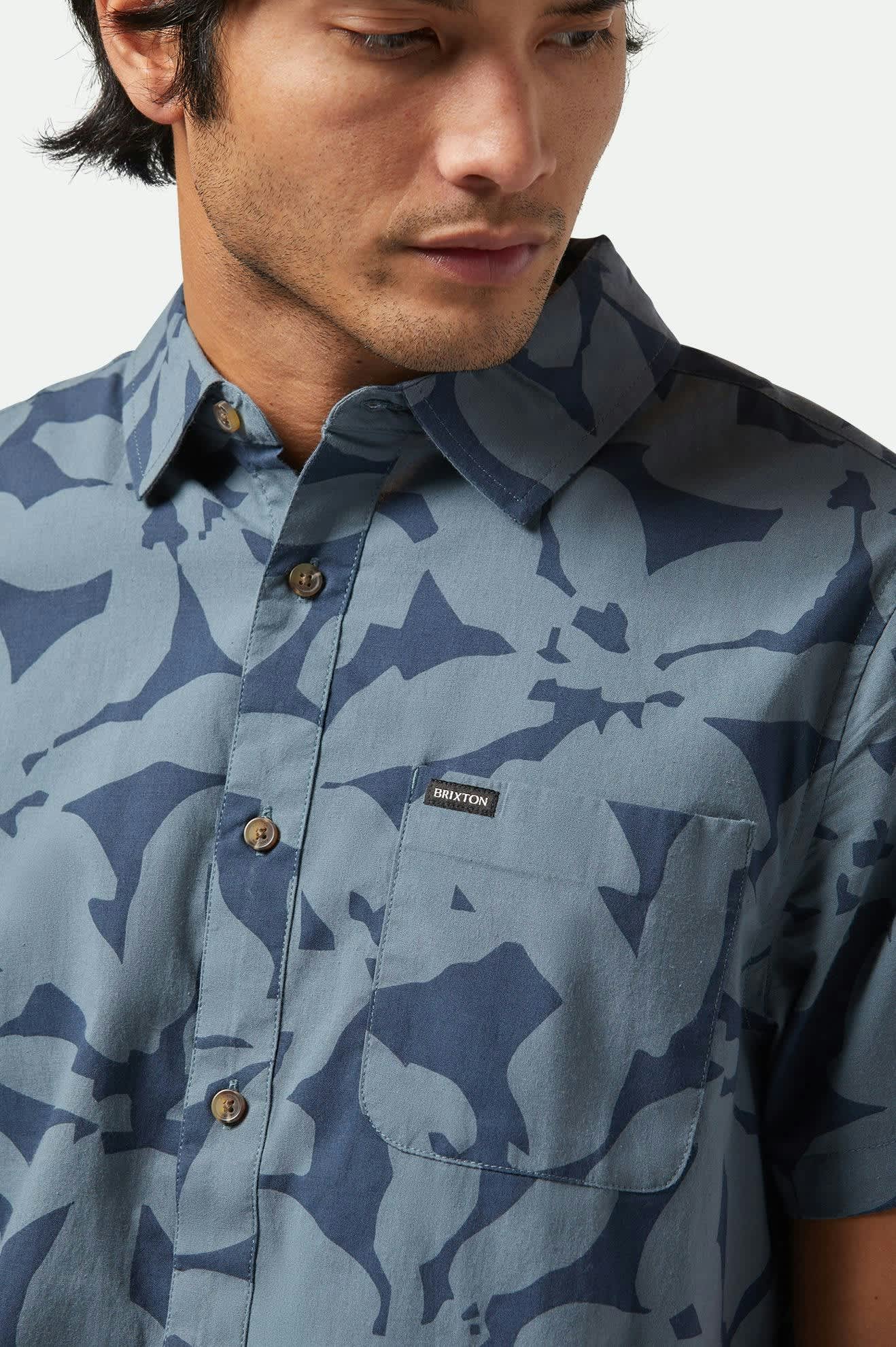Floral Print Short Sleeve Shirt for Men - Washed Navy & Azure Blue - Casual Summer Wear, Beach Outfit, and Outdoor Activities