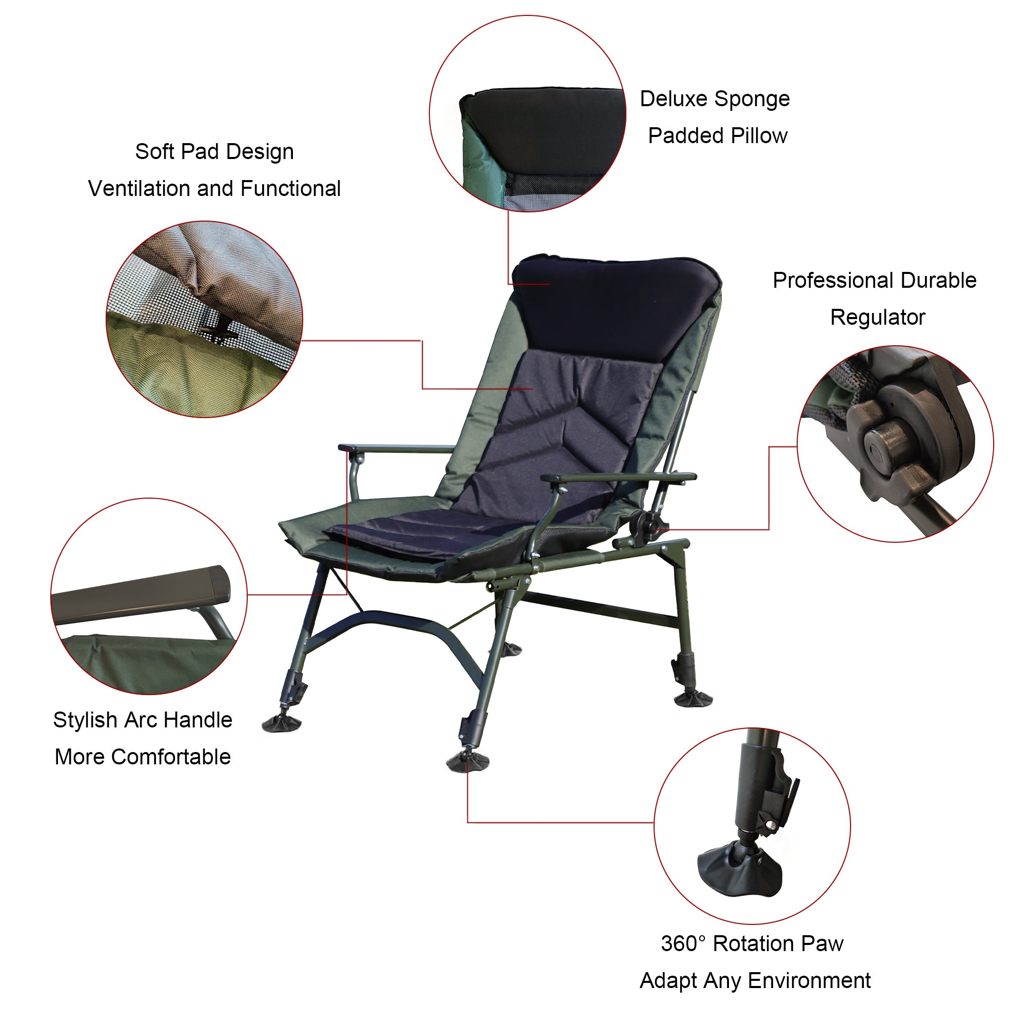 Portable Folding Reclining Camping Chair with Adjustable Backrest - Lightweight Outdoor Lounge Chair for Camping, Beach, Hiking, Fishing, Picnics & Backyard Relaxation (Green & Black)