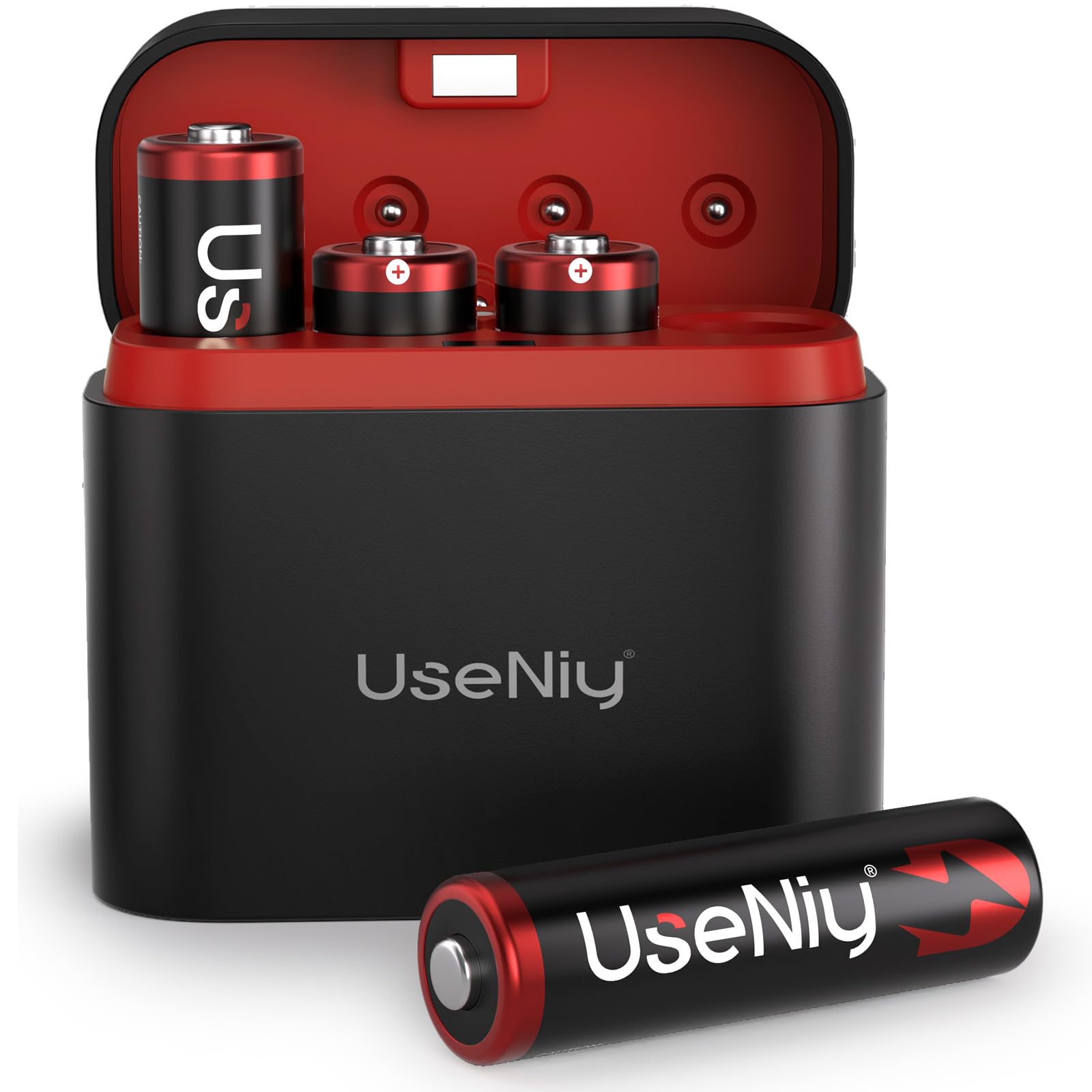UseNiy Rechargeable Lithium AA Batteries with Charger - 4 Pack 3600mWh High Capacity 1.5V AA Batteries, Long Lasting Lithium Mignon AA Batteries with Built-in Storage Case - Perfect for Cameras, Flashlights, Toys, and Electronic Devices