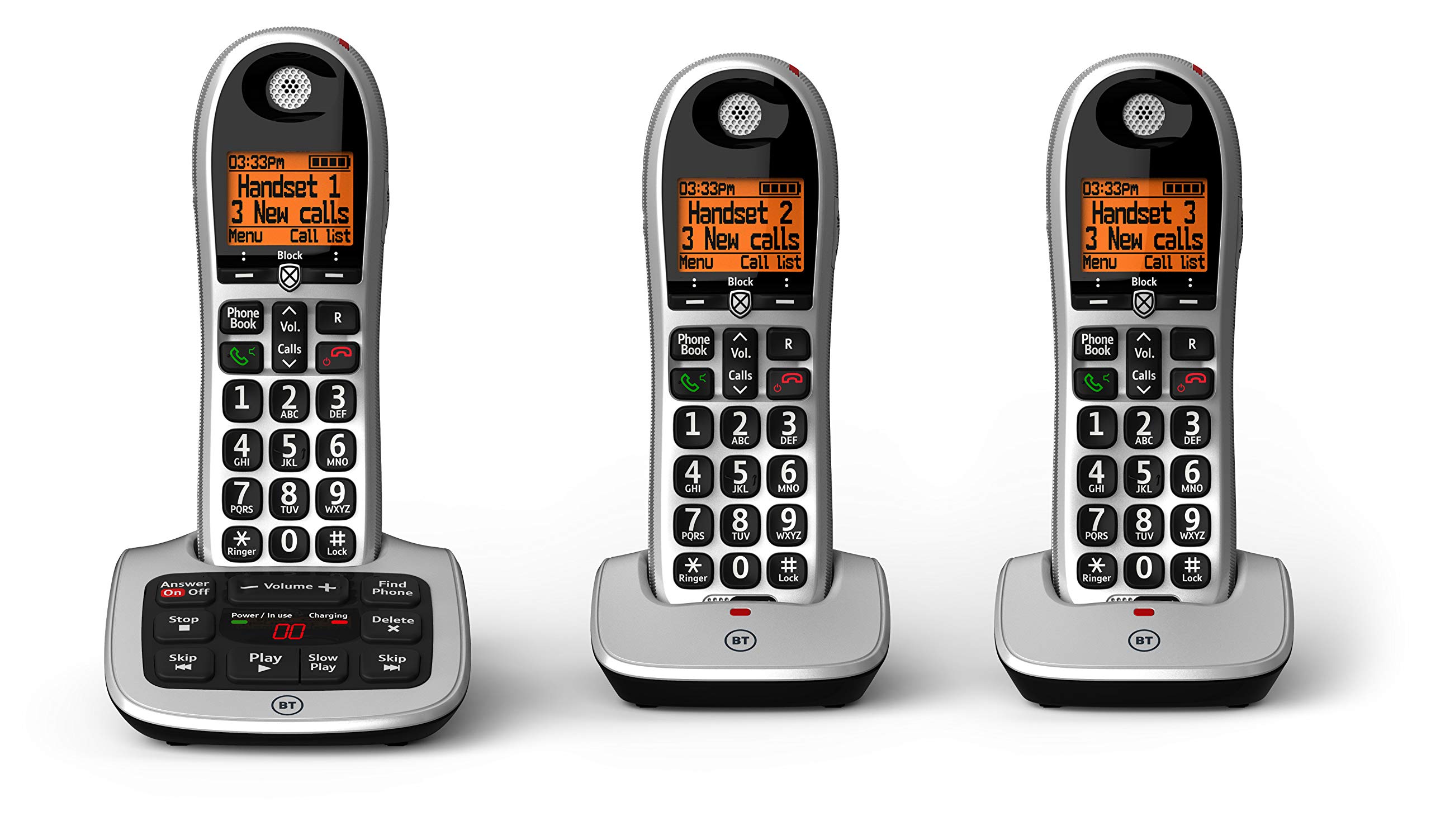 BT 84668 4600 Big Button Advanced Call Blocker for Landline Phones with Answering Machine - Trio Handset Pack in Black & White - Ideal for Seniors & Home Offices with Call Screening & Robocall Protection