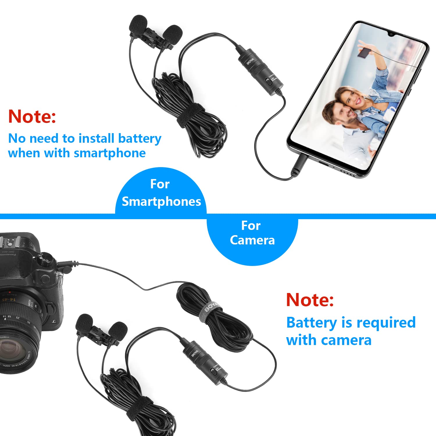 BOYA BY-M1DM Dual Head Lavalier Microphone - 13ft Omnidirectional Clip-on Mic for iPhone, Android, DSLR - Perfect for YouTube Vlogging, Interviews & Podcasting - Ideal for Content Creators, Journalists & Live Streamers
