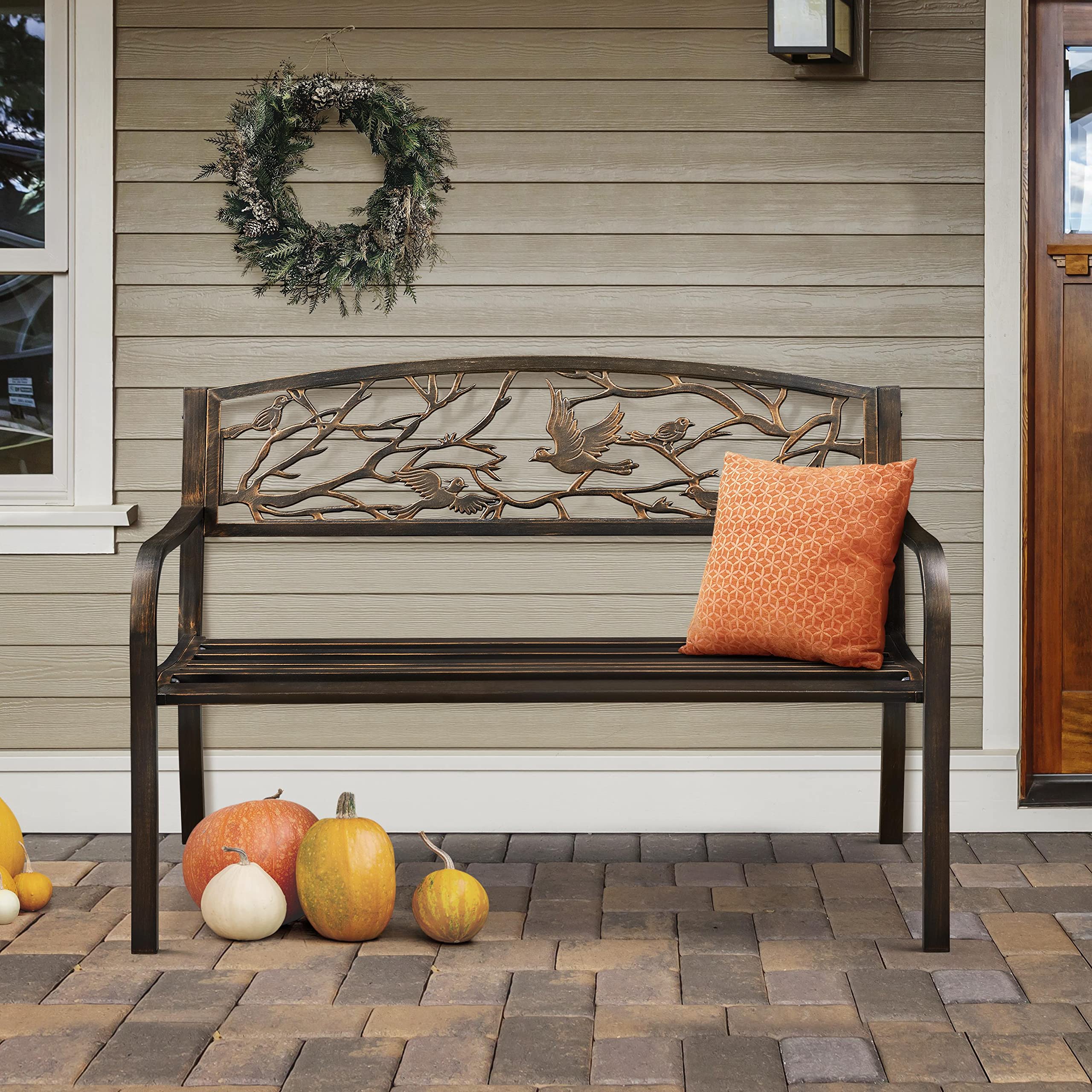Topeakmart 50 Inch Steel Garden Bench - Outdoor Metal Bench with Backrest & Armrest - Antique Patio Furniture for Yard, Porch, Pathway, Entryway - Perfect for Relaxing, Gardening & Outdoor Decor