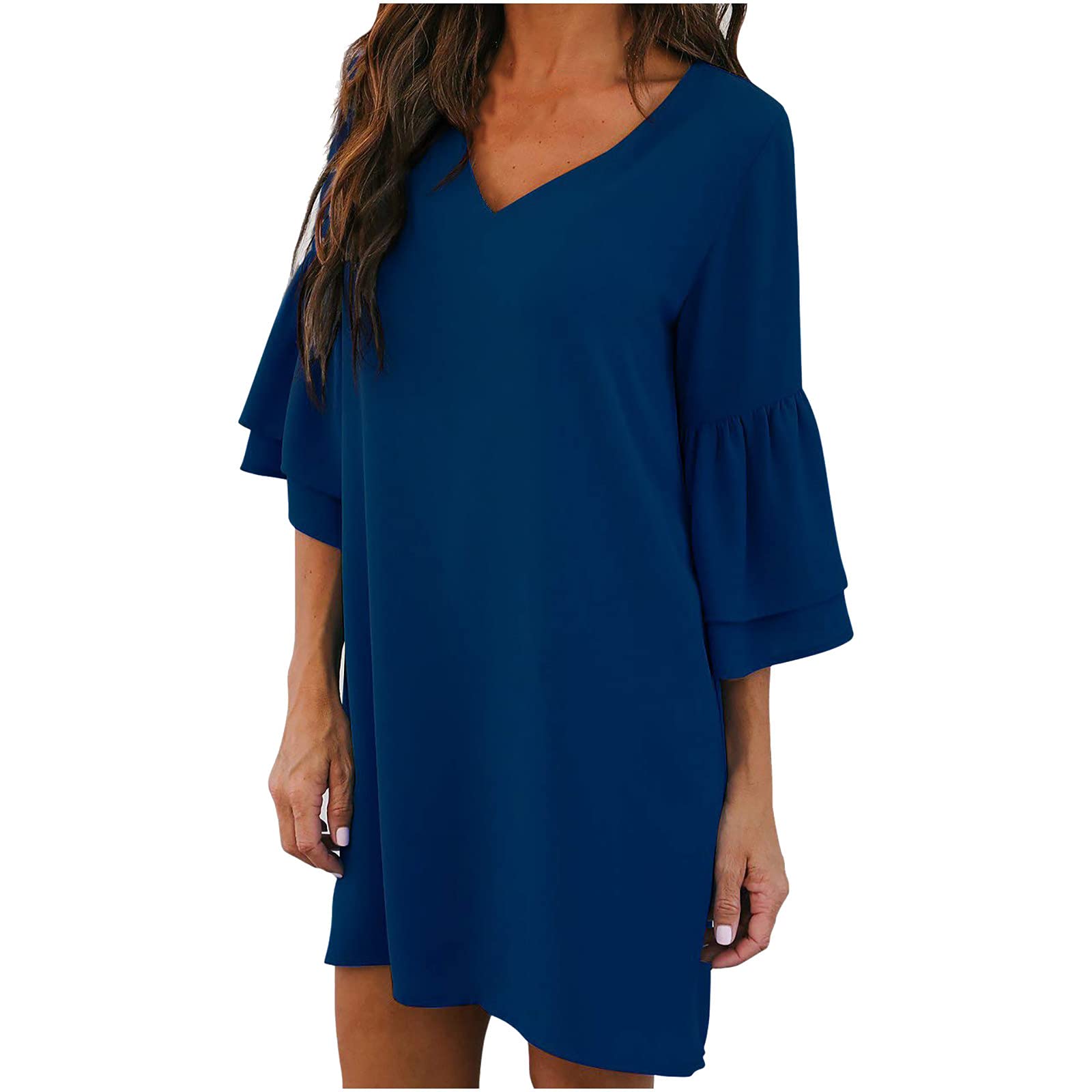 TIMIFIS Women's Summer Casual Mini Dress - Sexy V-Neck Bell Sleeve Loose Fit Beach Dress, Solid Color Shift Dress for Vacation, Party & Date Night