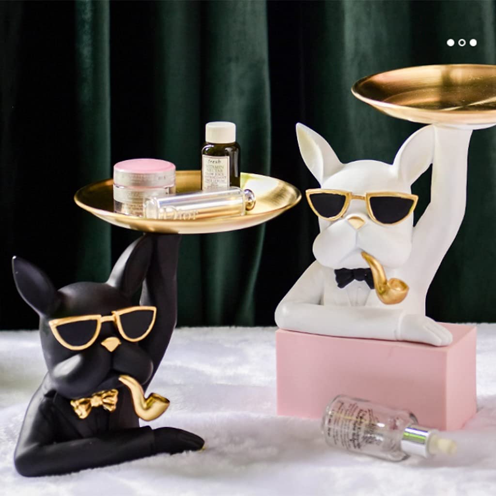 White Resin Bulldog Storage Tray - Cute Animal Sculpture Holder for Keys, Jewelry & Earrings | Home & Office Desk Organizer Decor | Perfect Gift for Pet Lovers & Organization Enthusiasts