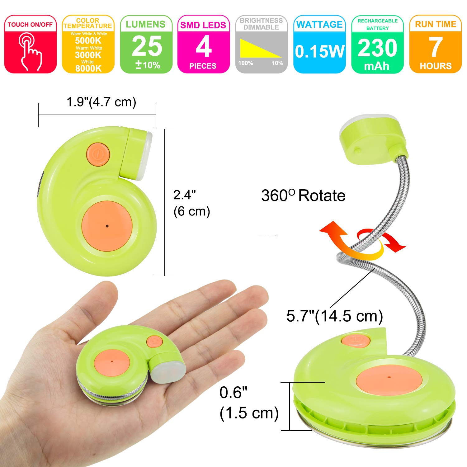 Clip-on Book Light for Kids & Travel - 3 Dimmable Brightness Levels, Eye-Friendly Green LED Reading Light - Perfect for Bedtime Stories, Camping & Airplane Reading
