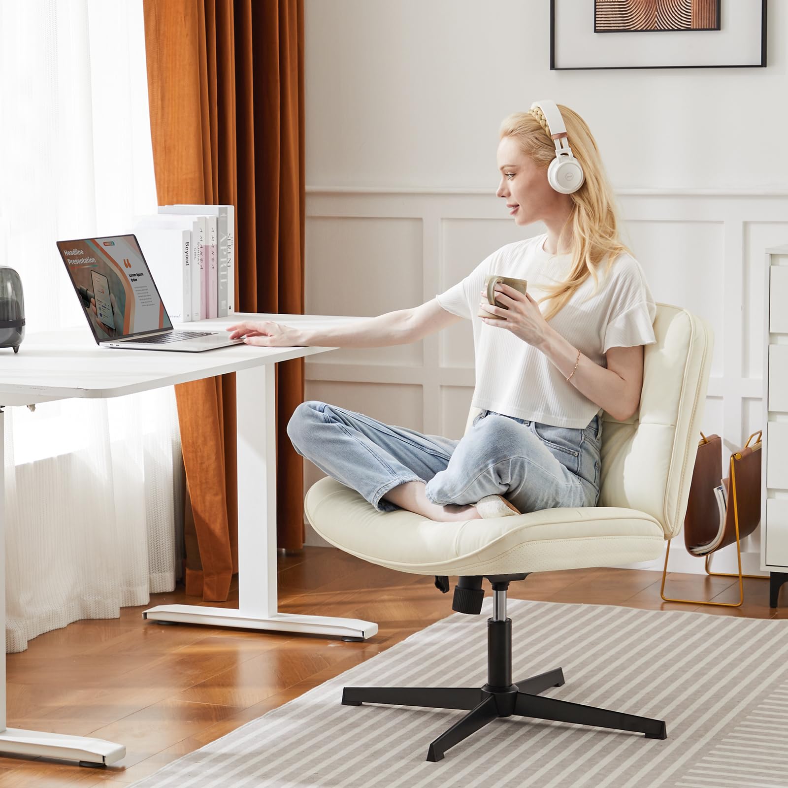 DUMOS Criss Cross Chair - Armless Office Chair with Adjustable Height, No Wheels, Comfortable Task Seating for Home & Office - Perfect for Computer Work, Vanity Desk, and Workspace Ergonomics