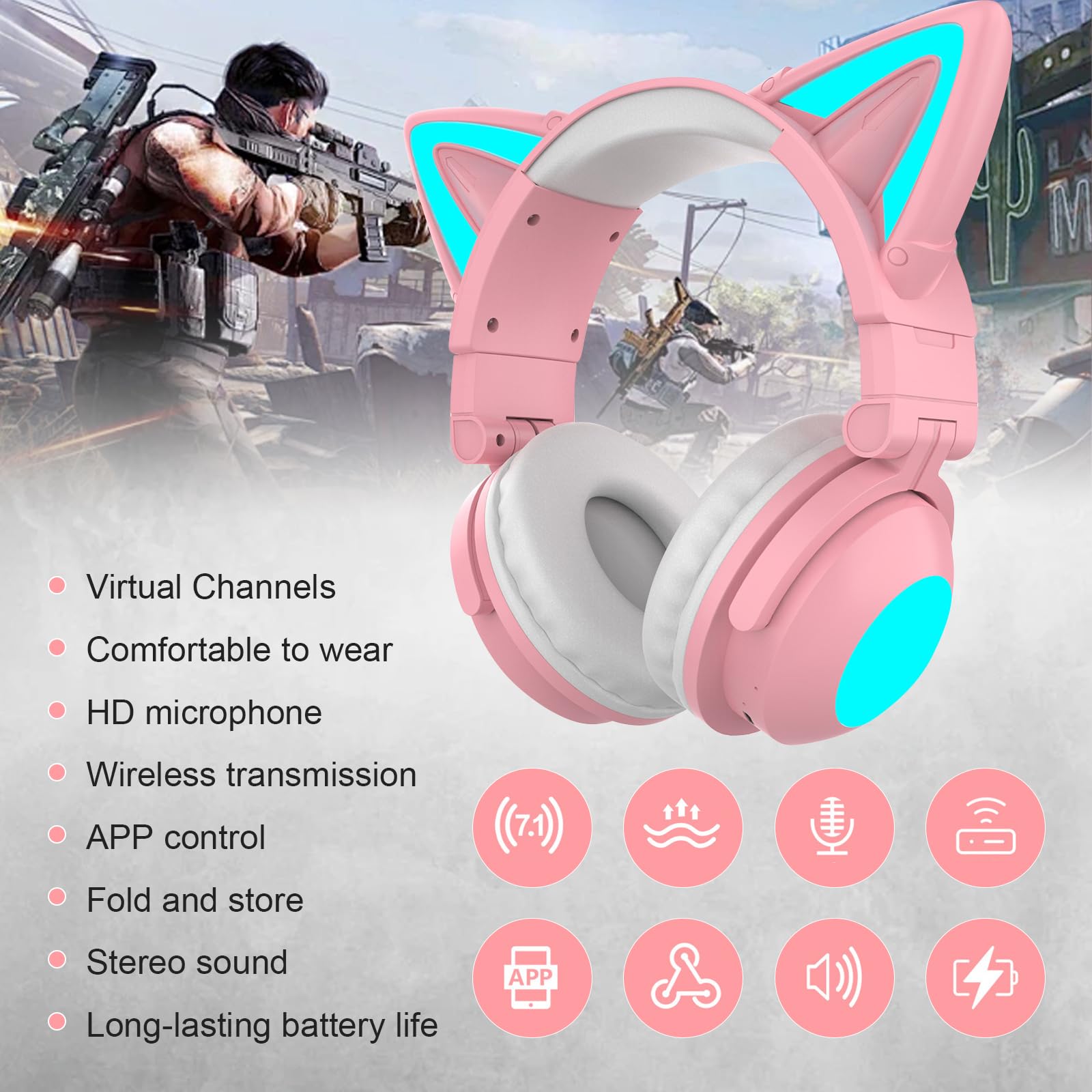 Pink Cat Ear Headphones with Mic - Bluetooth 5.0 Gaming Headset, RGB LED Light Up Ears, Foldable & Adjustable Over-Ear Design, Wireless/3.5mm Wired for PC, Mobile, Tablet - Perfect for Gaming, Streaming & Cosplay