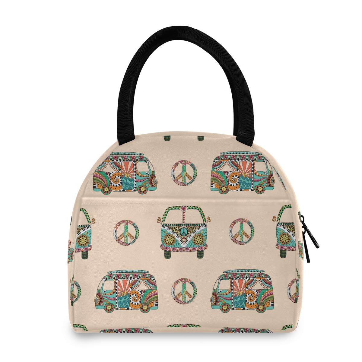 Vintage Hippie Camper Bus Insulated Lunch Bag - Colorful Reusable Tote Lunch Box for Women & Kids - Perfect for School, Work, Picnics & Road Trips