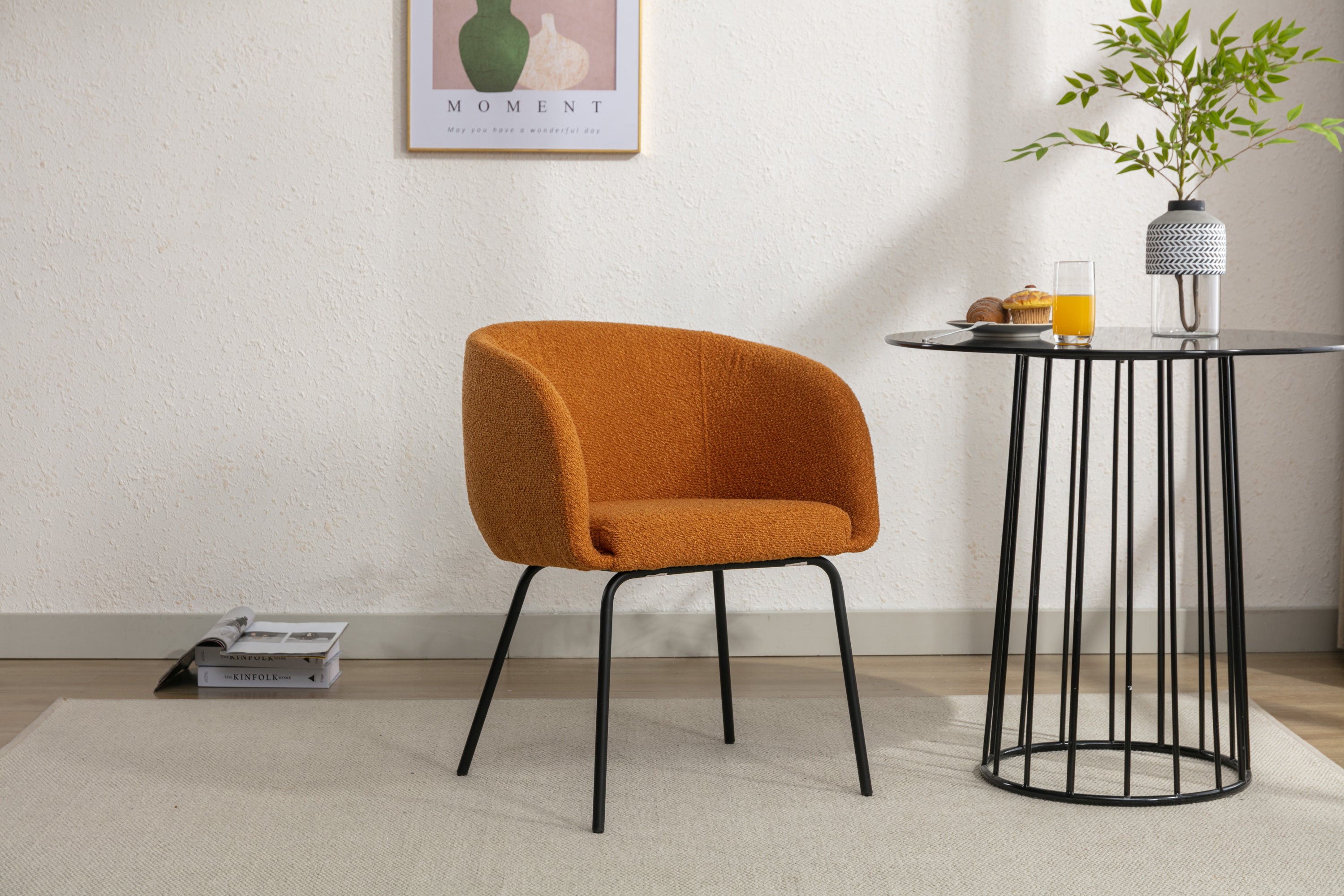 039 Set of 1 Boucle Fabric Dining Chair With Black Metal Legs - Modern Upholstered Accent Chair for Dining Room, Kitchen, Office or Living Room