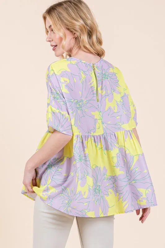 BOMBOM Floral Babydoll Tunic Top for Women - Cute Summer Blouse with Ruffles & Lace Trim - Perfect for Date Night, Beach Cover-Up, and Casual Outfits