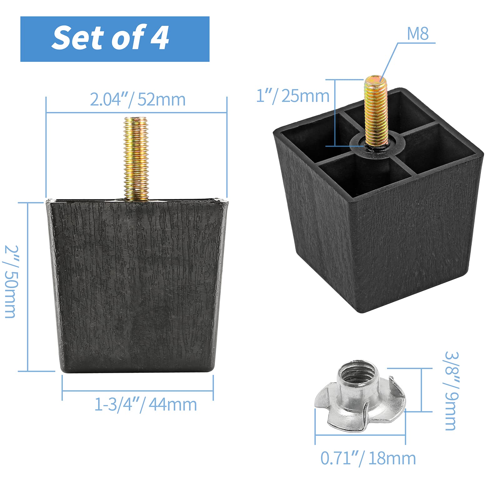 2 Inch Black Plastic Square Furniture Legs - Set of 4 M8 Replacement Feet for Sofa, Couch, Armchair, Bed, Cabinet & Desk - Mid Century Modern Style Home Decor for Living Room, Bedroom & Office