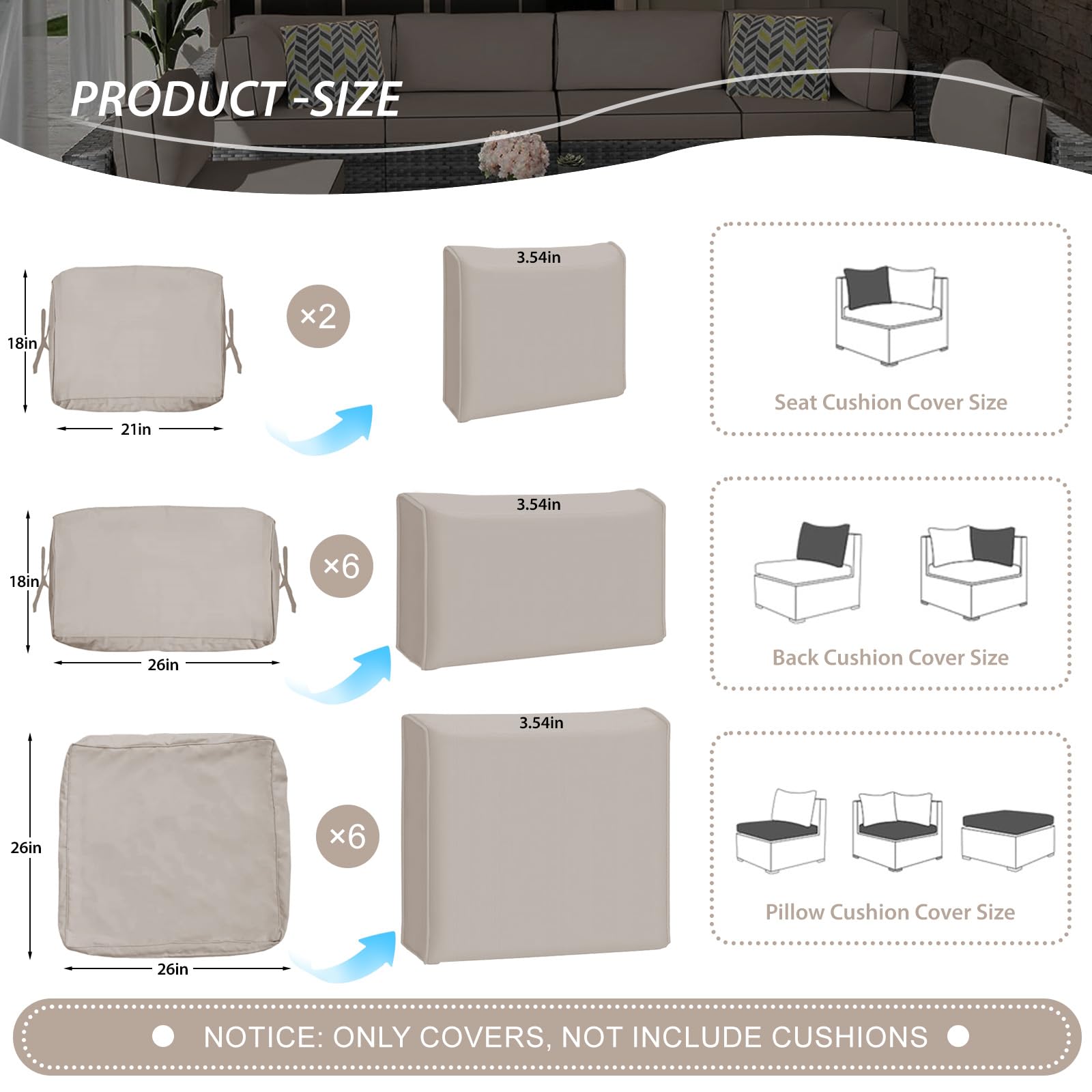 Waterproof Outdoor Cushion Covers Set of 14 - Washable Patio Furniture Covers with Zipper & Ties for Wicker Rattan Sectional Sofa Chairs (Khaki) | Perfect for Backyard, Poolside & Garden Decor