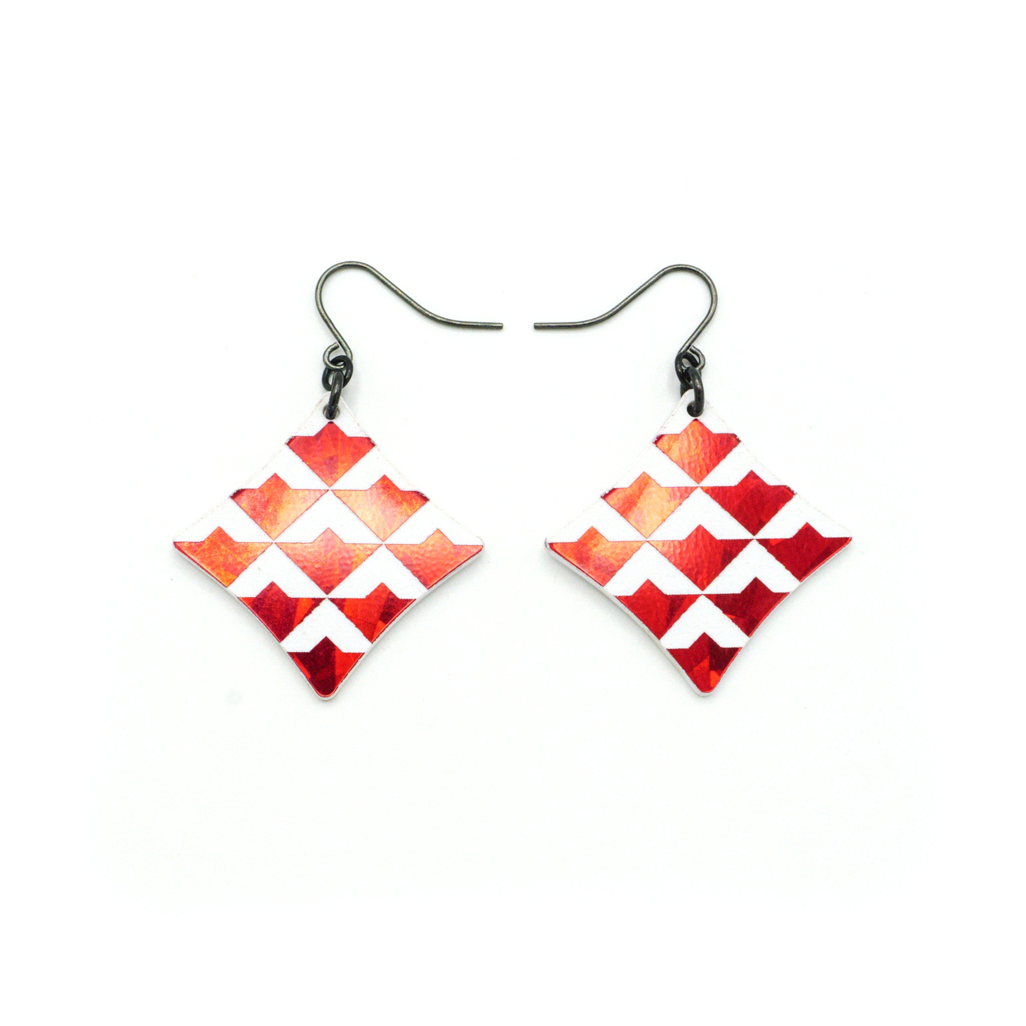 Concave Diamond Acrylic Earrings - Red Holographic & White | Trendy Dangle Drop Earrings for Women, Perfect for Parties, Weddings & Everyday Fashion