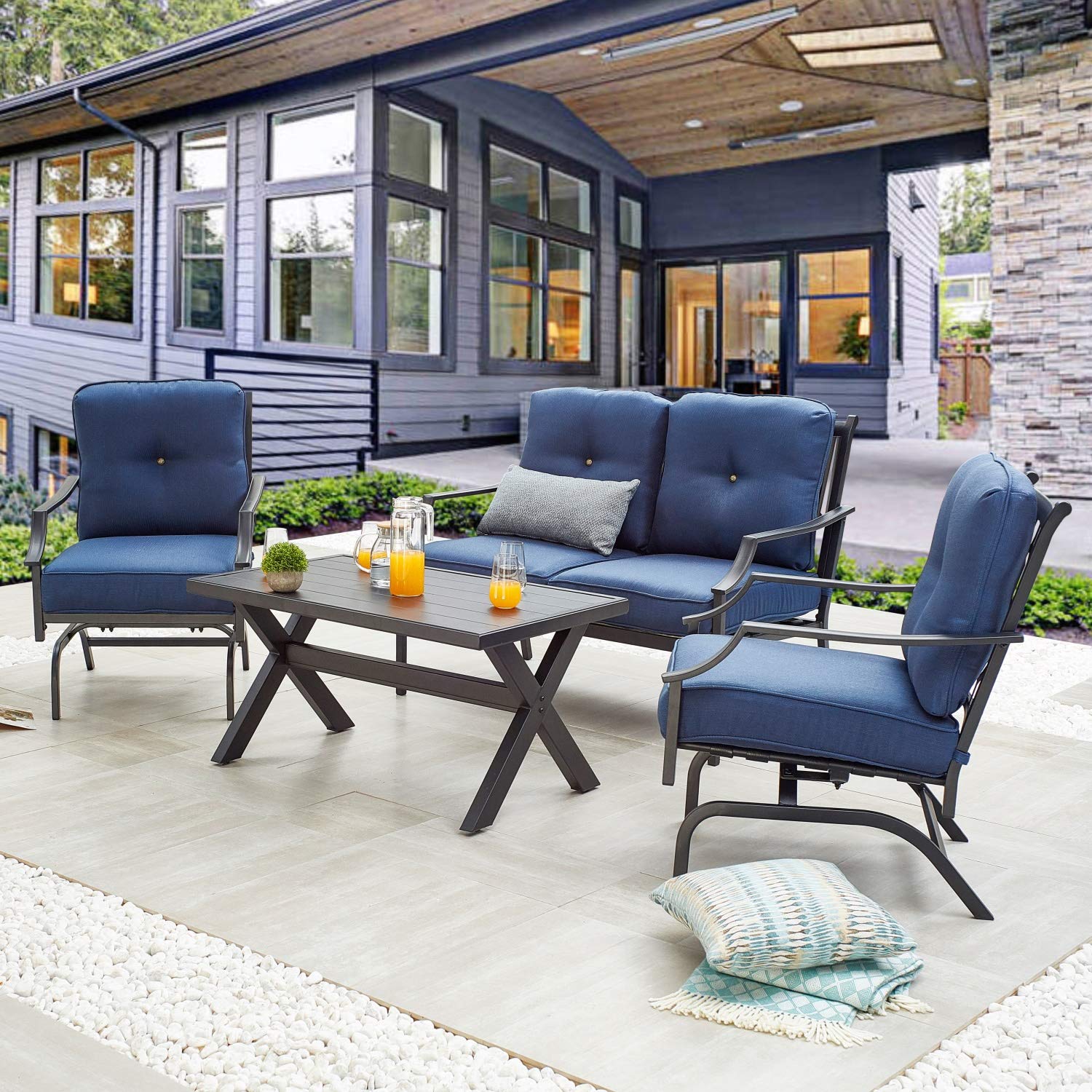 PatioFestival 4-Piece Outdoor Furniture Set - All-Weather Cushioned Metal Loveseat, Lawn Chairs & Coffee Table - Perfect for Poolside, Garden, and Backyard Relaxation