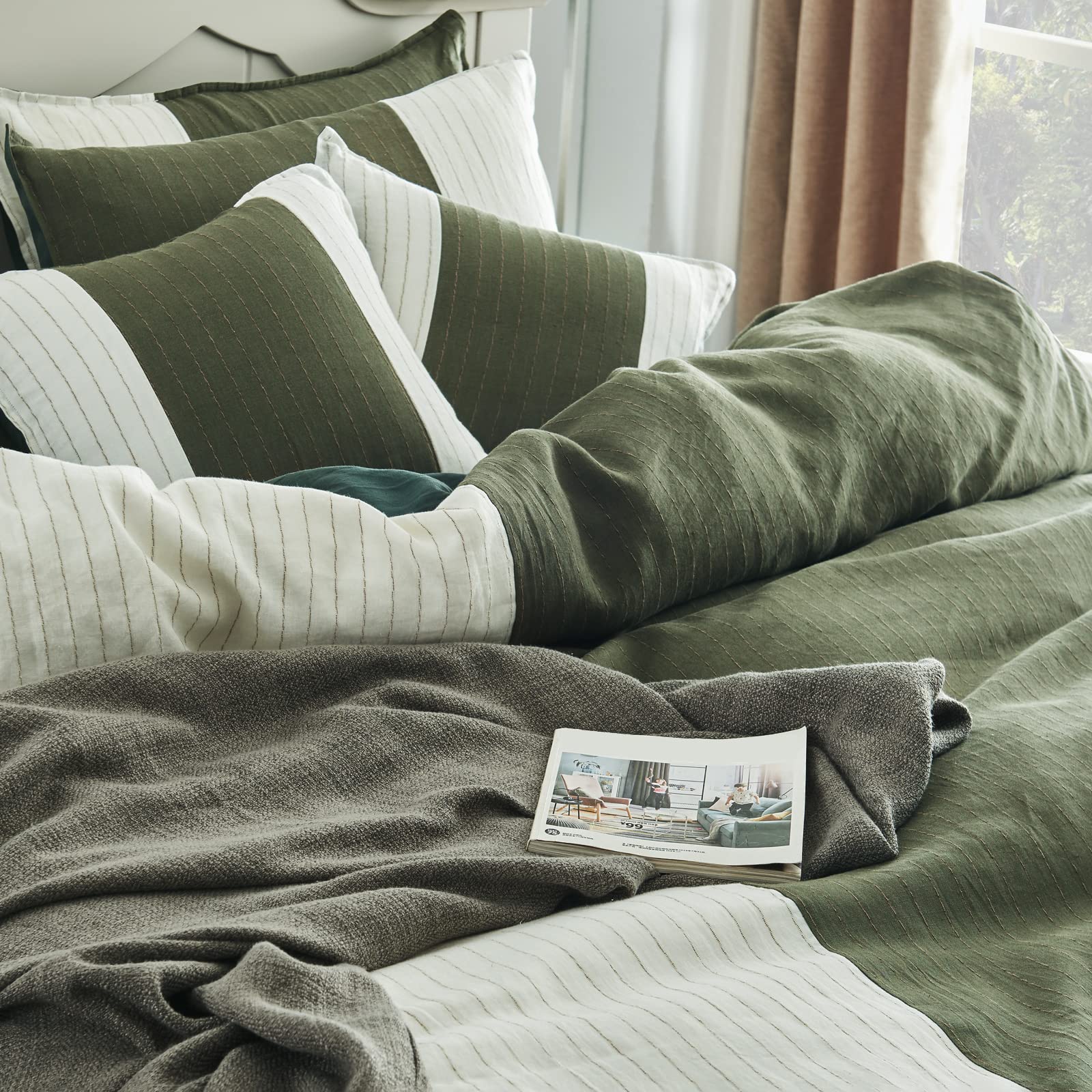 Premium 100% Linen Duvet Cover Set King Size - 3PC French Washed Flax Bedding with Jacquard Stripes | Breathable Farmhouse Style with Button Closure (Olive Green) for Luxurious Bedroom & Guest Room Decor