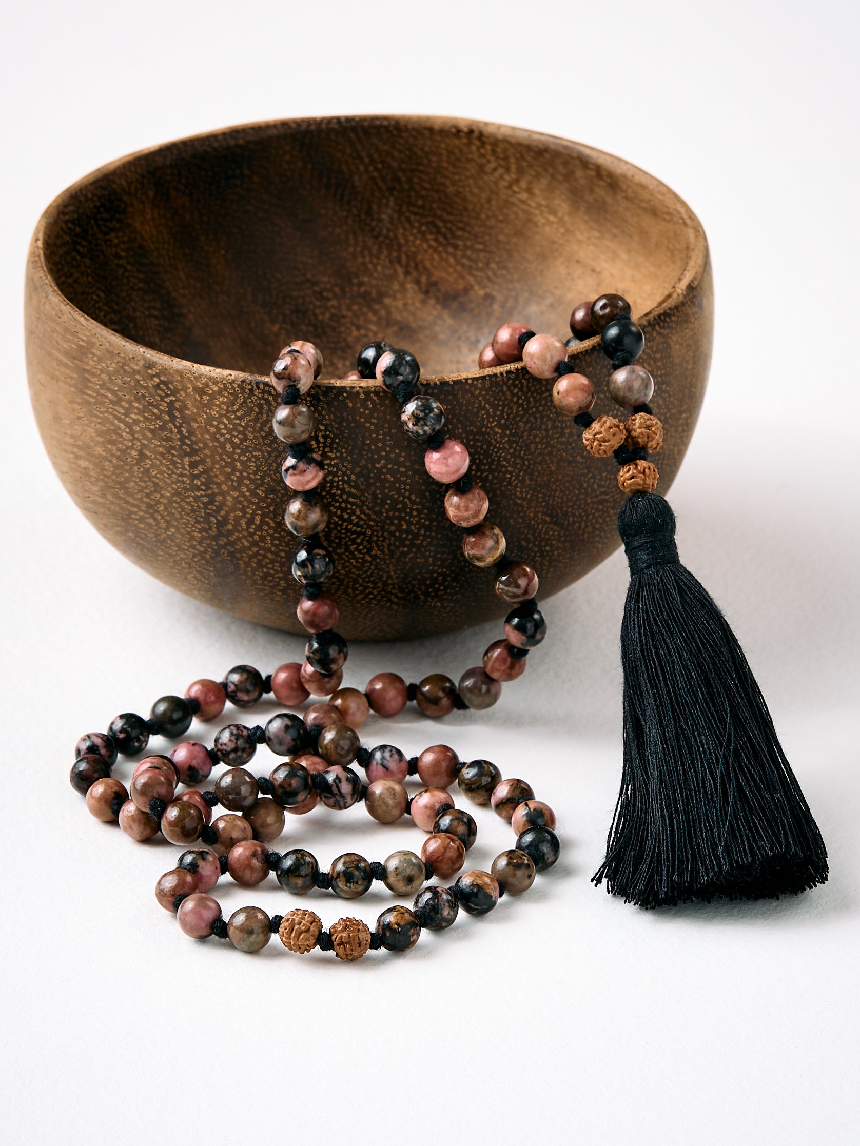Black Rhodonite Mala Bead Necklace - Buddhist Meditation & Prayer Beads for Mindfulness, Yoga & Spiritual Healing