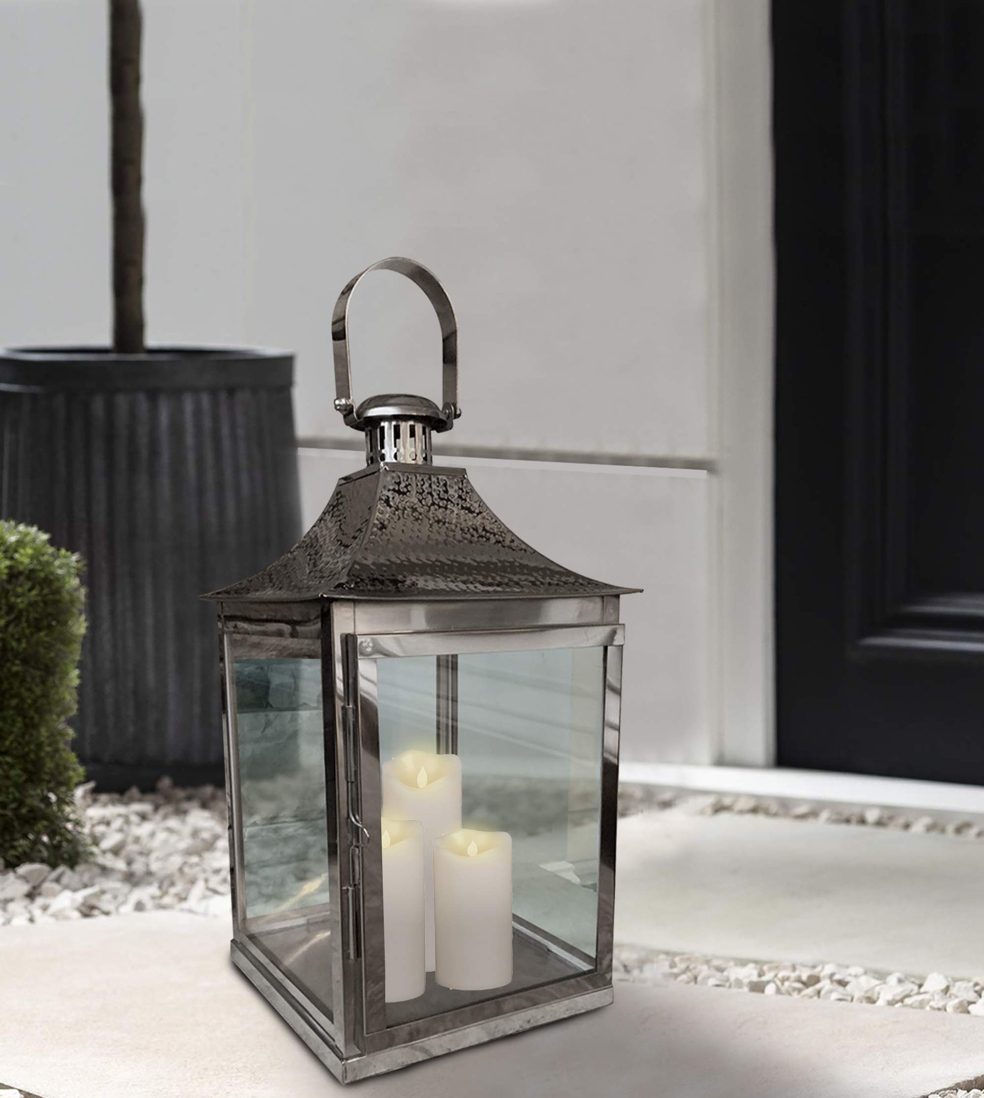 Decozen Large Glass Candle Lantern Stand in Antique Brass Finish - Rustic Farmhouse Decor for Home, Patio, Dining, Living Room, Bedroom & Office | Perfect for Wedding Centerpieces, Console Table Decor and Cozy Ambiance