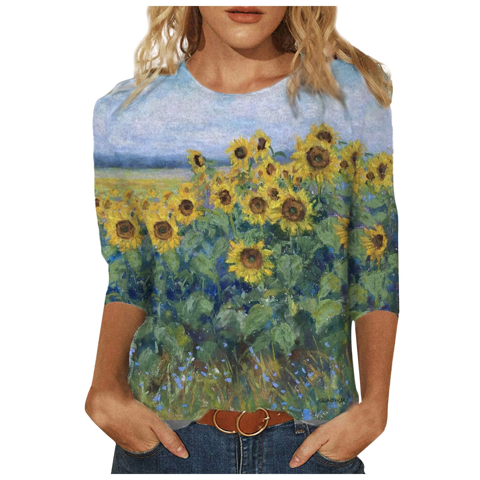 DESKABLY Women's Summer Tops - Fashion Casual 3/4 Sleeve Blouse with Cute Print, Loose Fit Lightweight Henley Tee Shirts for Outdoor, Travel & Daily Wear