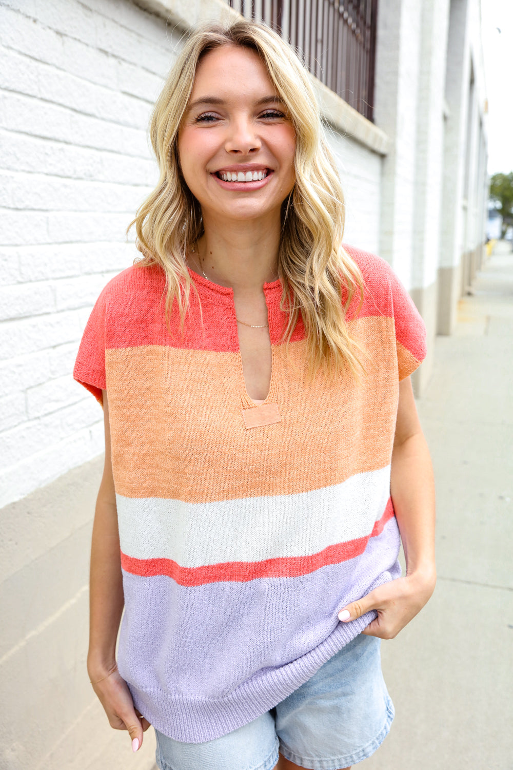 Coral Notched Neck Drop Shoulder Sweater Top for Women - Elegant Loose Fit Knit Pullover for Casual Outings & Date Nights