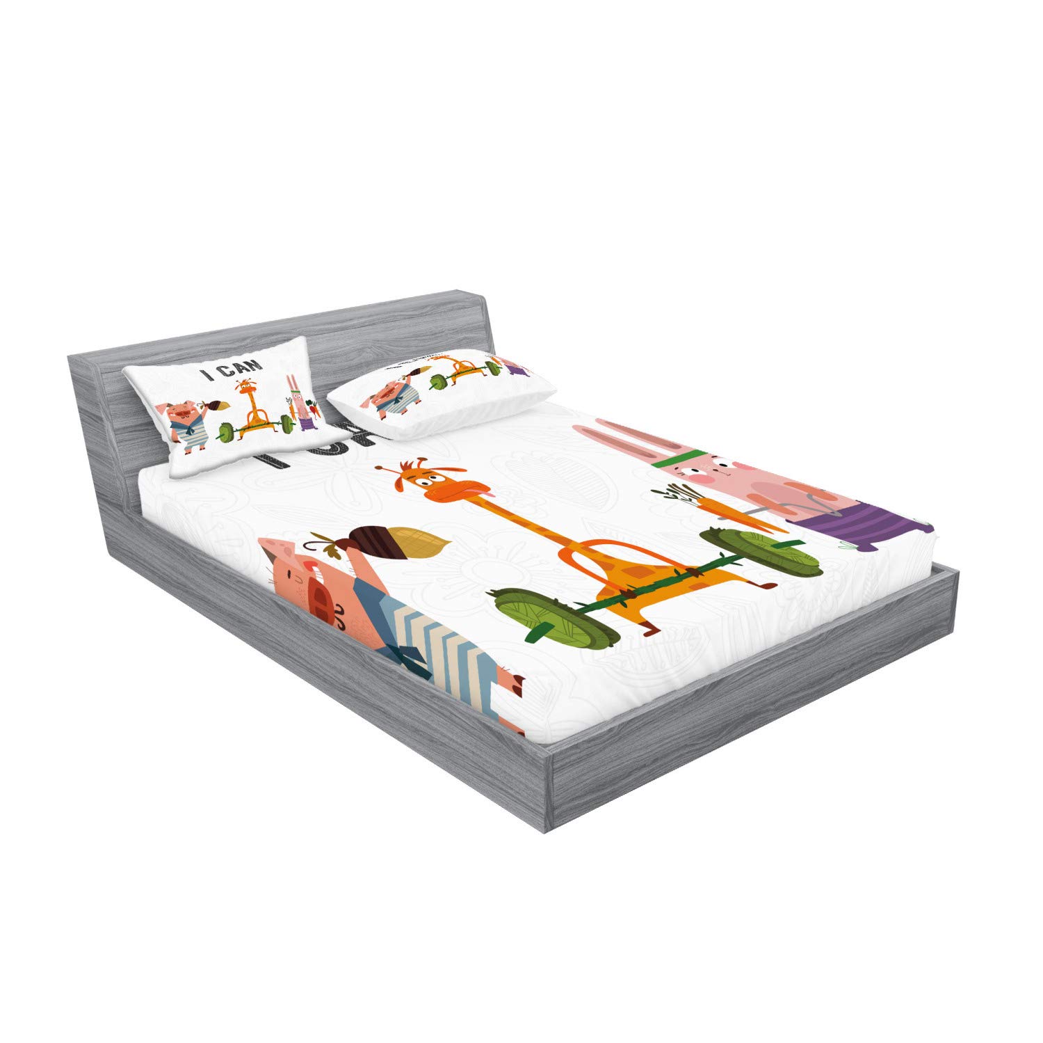 Ambesonne Fitness Fitted Sheet & Pillow Sham Set - Motivational Animal Print 3-Piece Bedding Set for King Size Beds | Pig, Rabbit & Giraffe Design | Summer Workout Inspiration | Perfect for Gym Enthusiasts & Home Decor