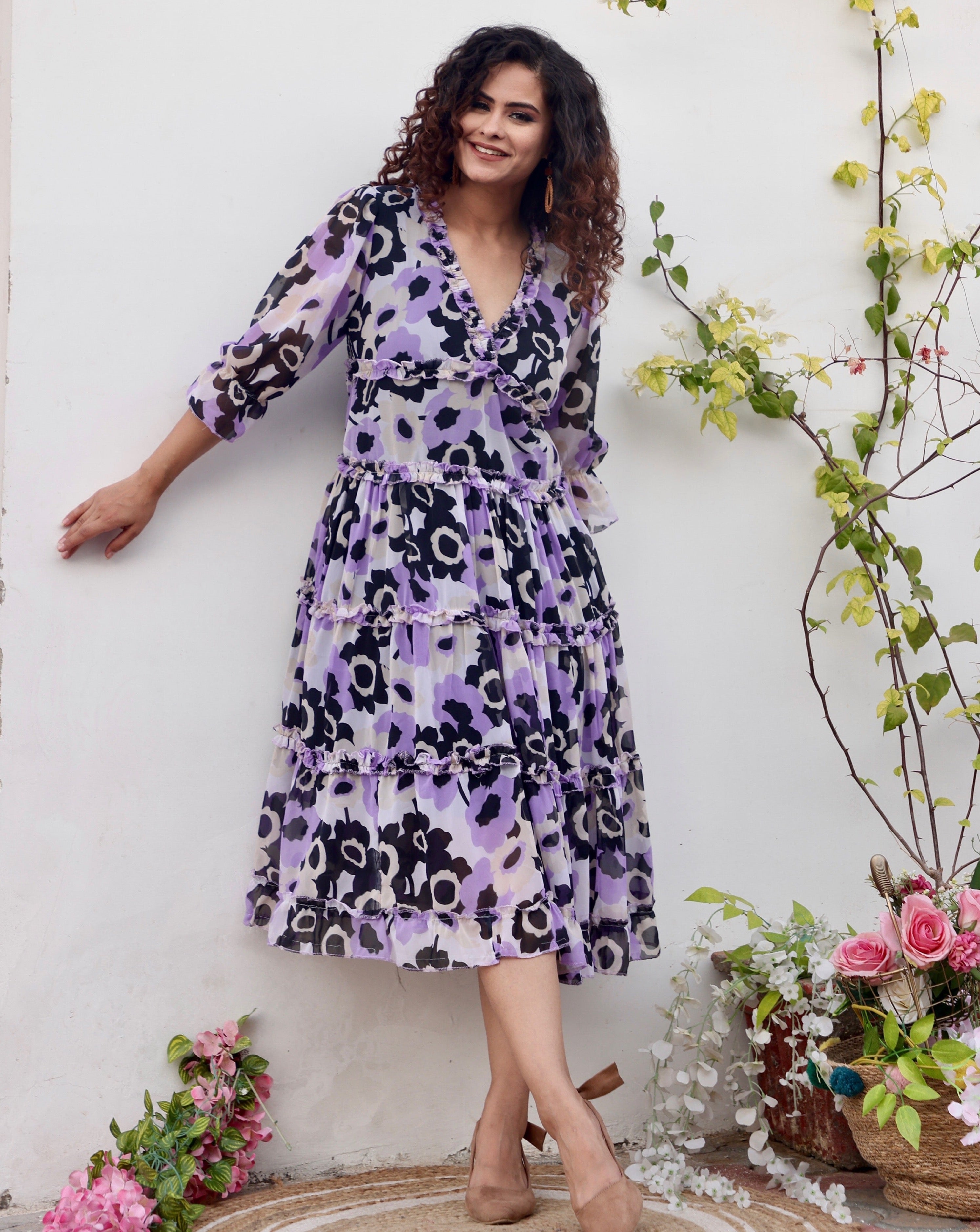Lavender Floral Print Maxi Dress for Women - Summer Boho Beach Dress with Long Sleeves - Perfect for Vacation, Wedding Guest & Outdoor Parties