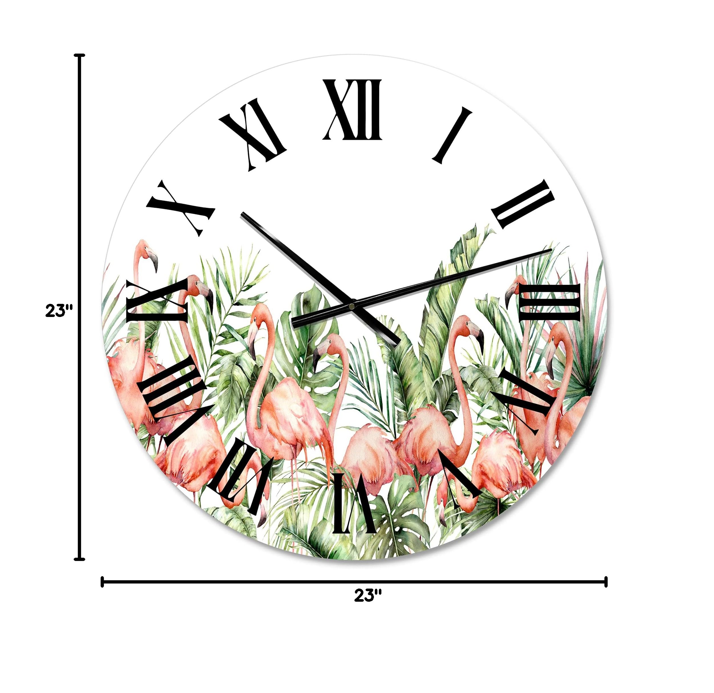 DesignQ Traditional Wall Clock - Pink Flamingos, Palm Leaves & Tropical Birds - Large Floral Botanical Wall Clock for Bedroom, Living Room, Office Decor | Perfect for Tropical, Beach & Boho Home Décor