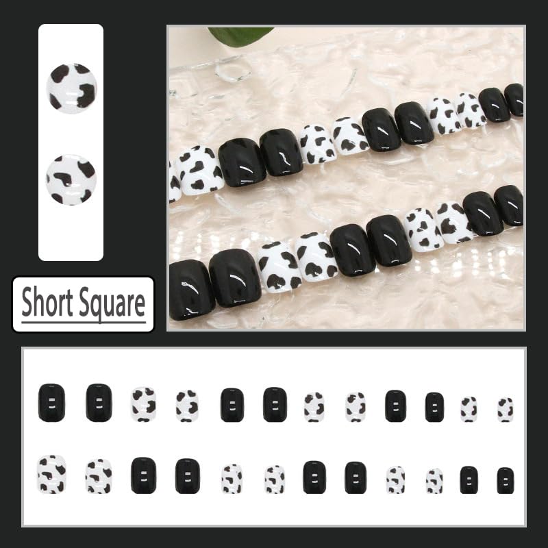 Black & White Cow Print Press on Nails - Short Medium Square Fake Nails | Acrylic Full Cover Stick on Artificial Nails for Women | 24Pcs | Daily Wear, Wedding, Party & Special Occasion Manicure