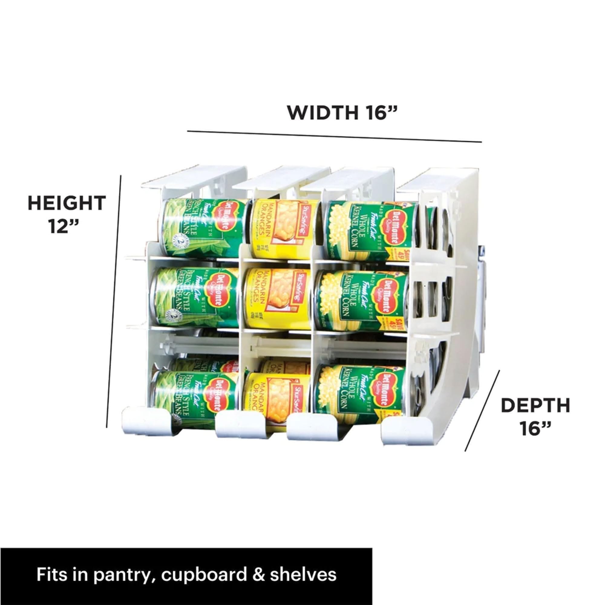 FIFO Can Organizer for Pantry - Stackable & Adjustable Canned Food Storage Rack Holds 54 Standard 10-15oz Cans | White Rotating Soda Can Dispenser for Kitchen Countertop (4 Pack) | Perfect for Organizing Canned Goods, Beverages & Pantry Items